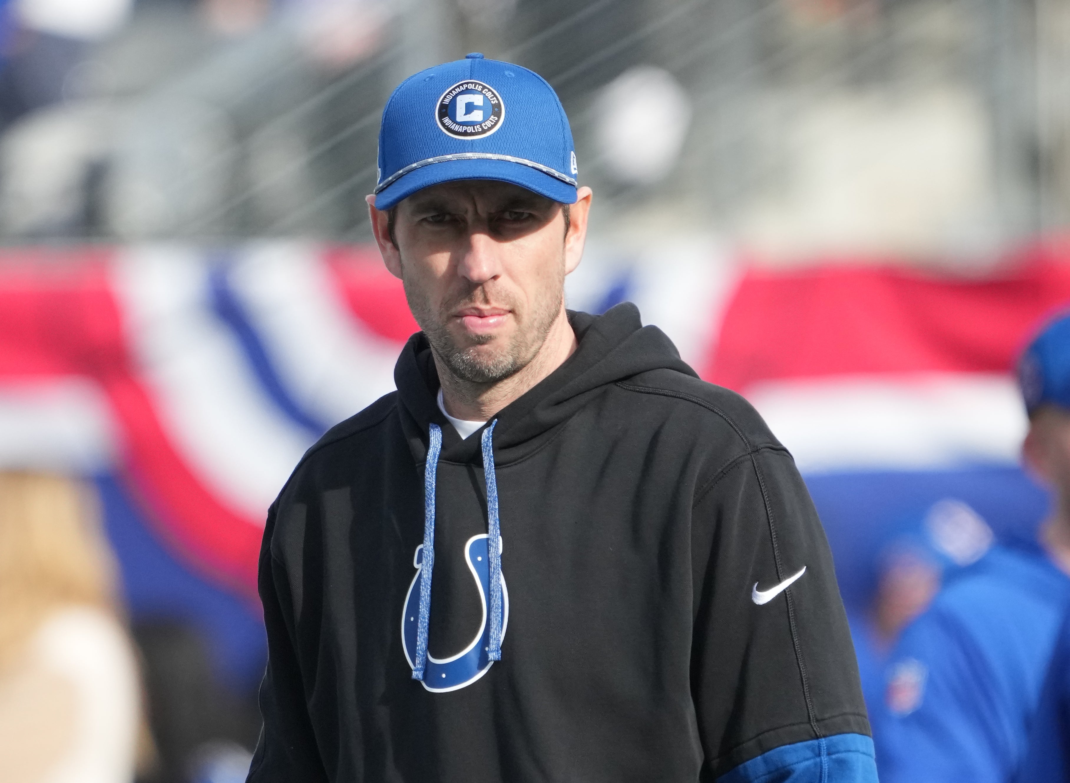 Dec 29, 2024; East Rutherford, New Jersey, USA; Indianapolis Colts head coach Shane Steichen prior to a game against the New York Giants at MetLife Stadium.