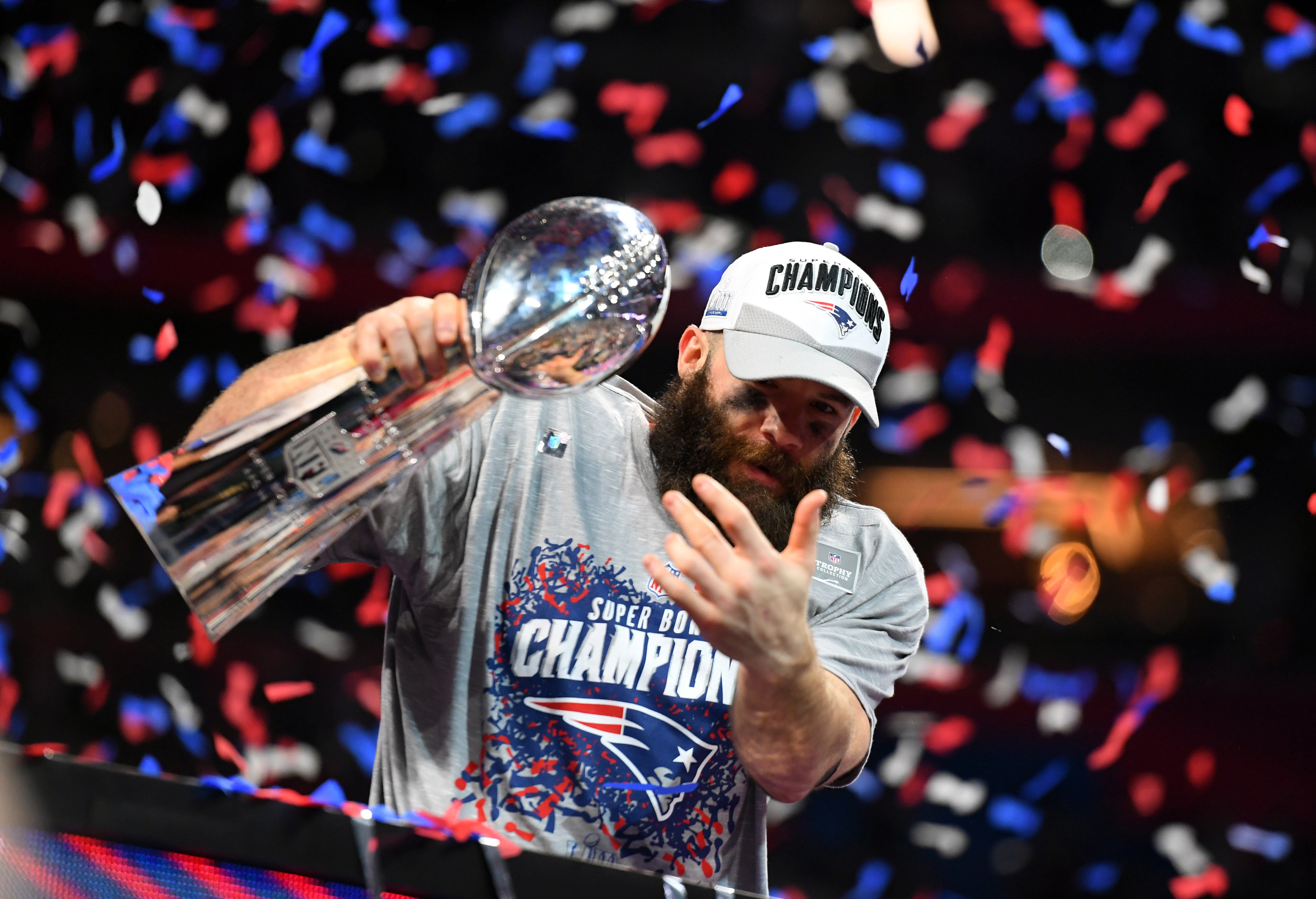 Feb 3, 2019; Atlanta, GA, USA; New England Patriots wide receiver Julian Edelman (11) with the Vince Lombardi Trophy after winning Super Bowl LIII against the Los Angeles Rams at Mercedes-Benz Stadium.