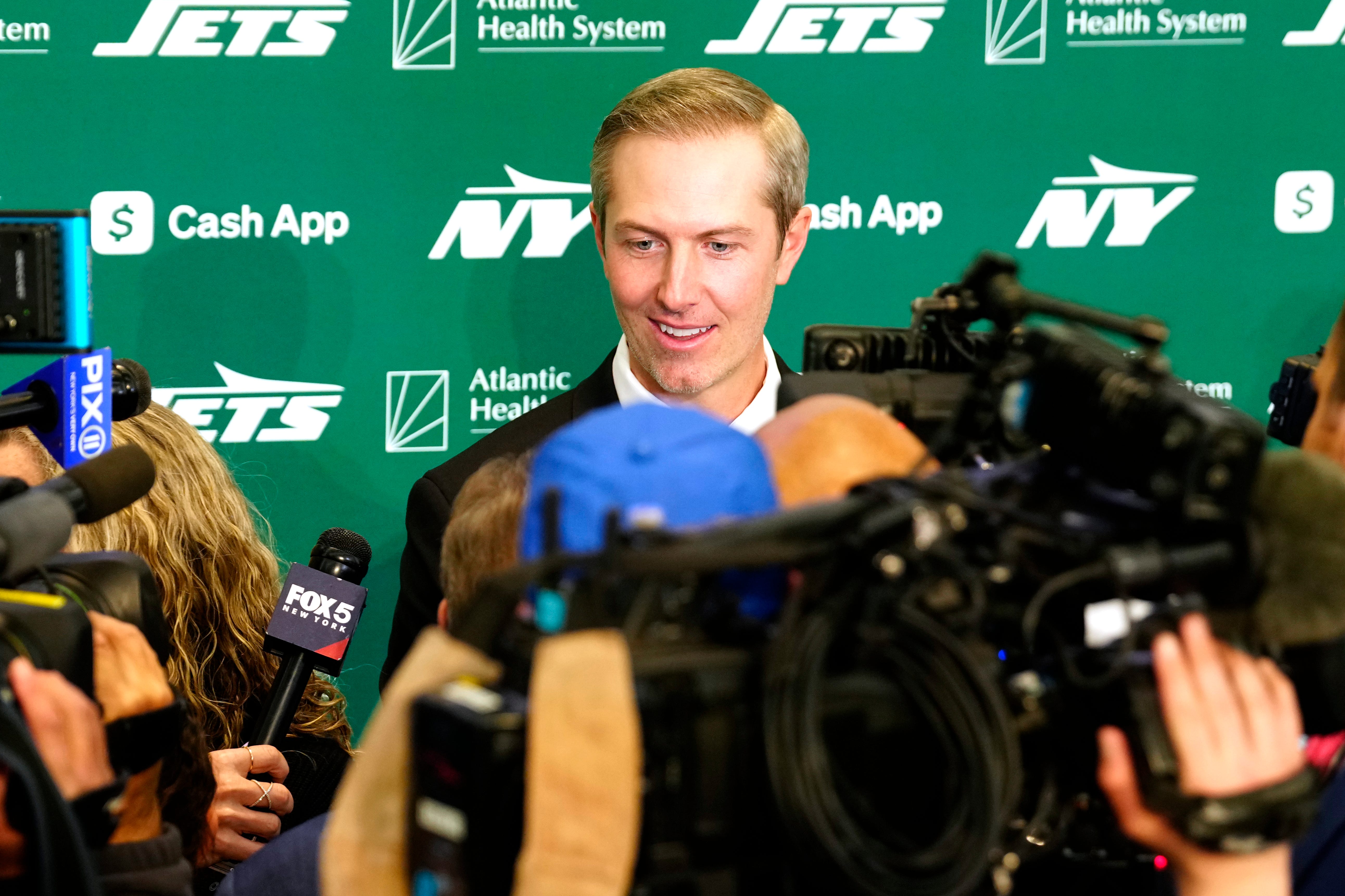 New York Jets General Manager, Darren Mougey speaks to the press, at the Atlantic Health Jets Training Center, Monday, January 27, 2025, in Florham Park.