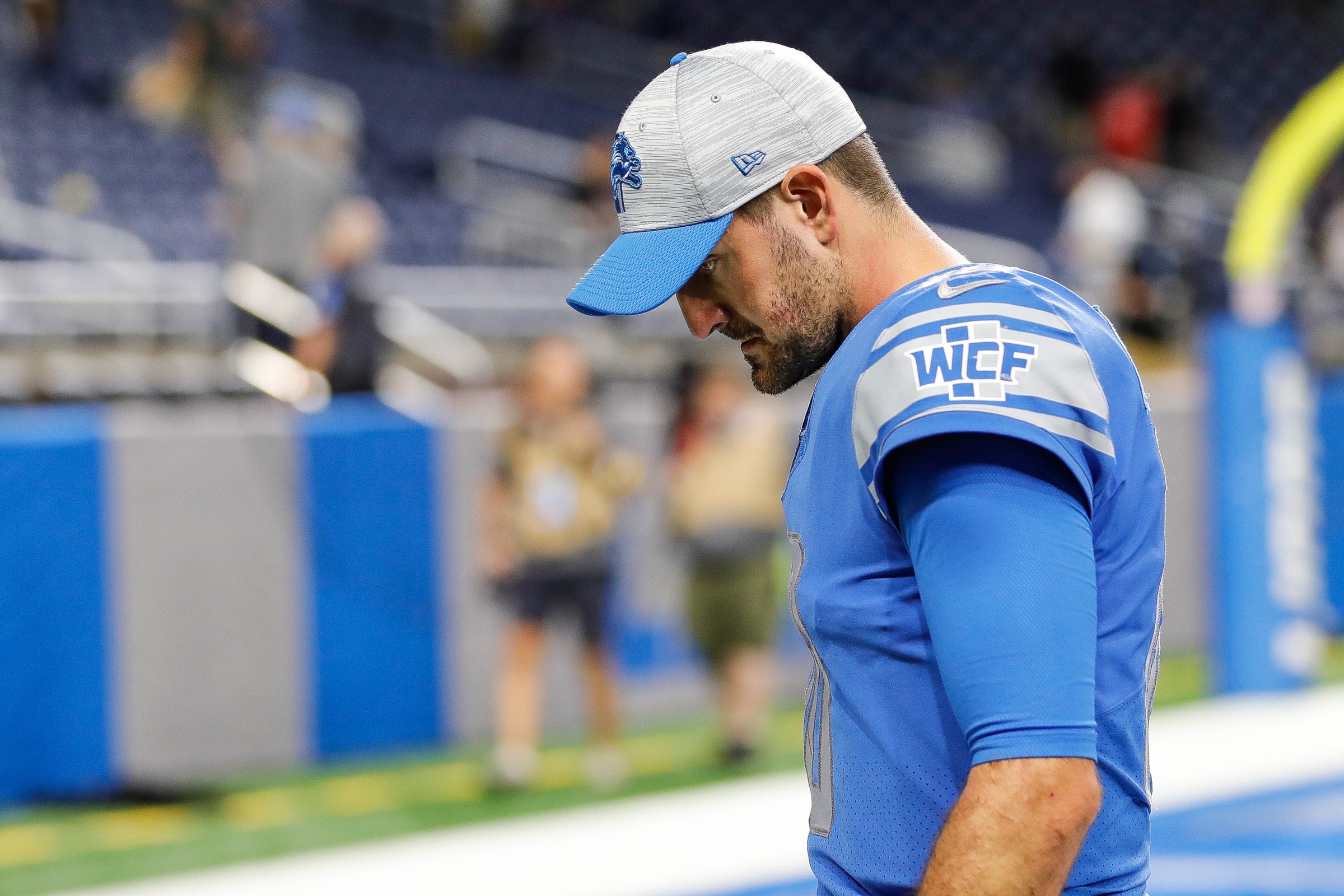Detroit Lions quarterback David Blough (10) walks off the field after the Lions lost 27-17 to the Indianapolis Colts in a preseason game at Ford Field in Detroit on Friday, Aug. 27, 2021.