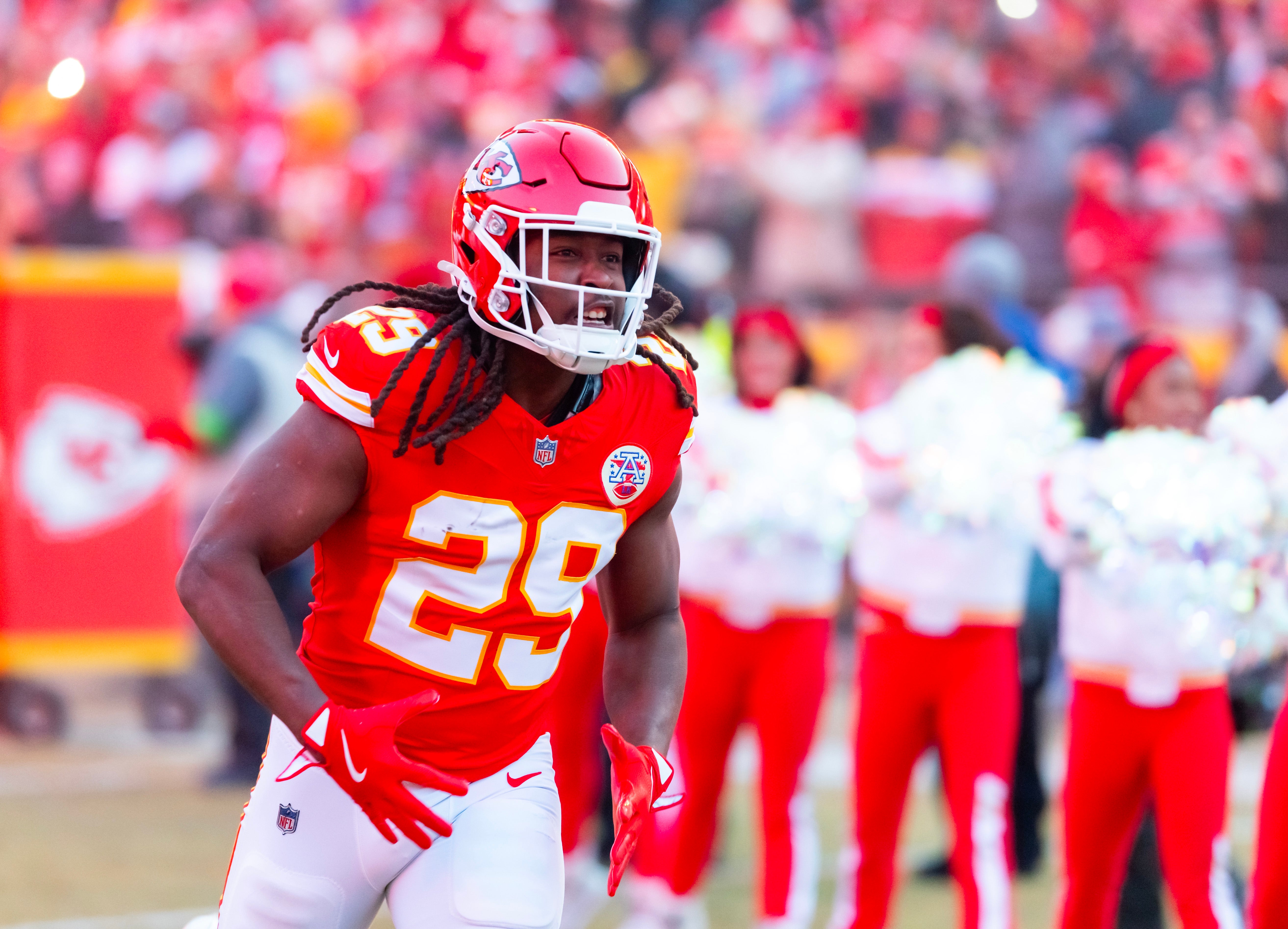 Jan 26, 2025; Kansas City, MO, USA; Kansas City Chiefs running back Kareem Hunt (29) against the Buffalo Bills in the AFC Championship game at GEHA Field at Arrowhead Stadium.