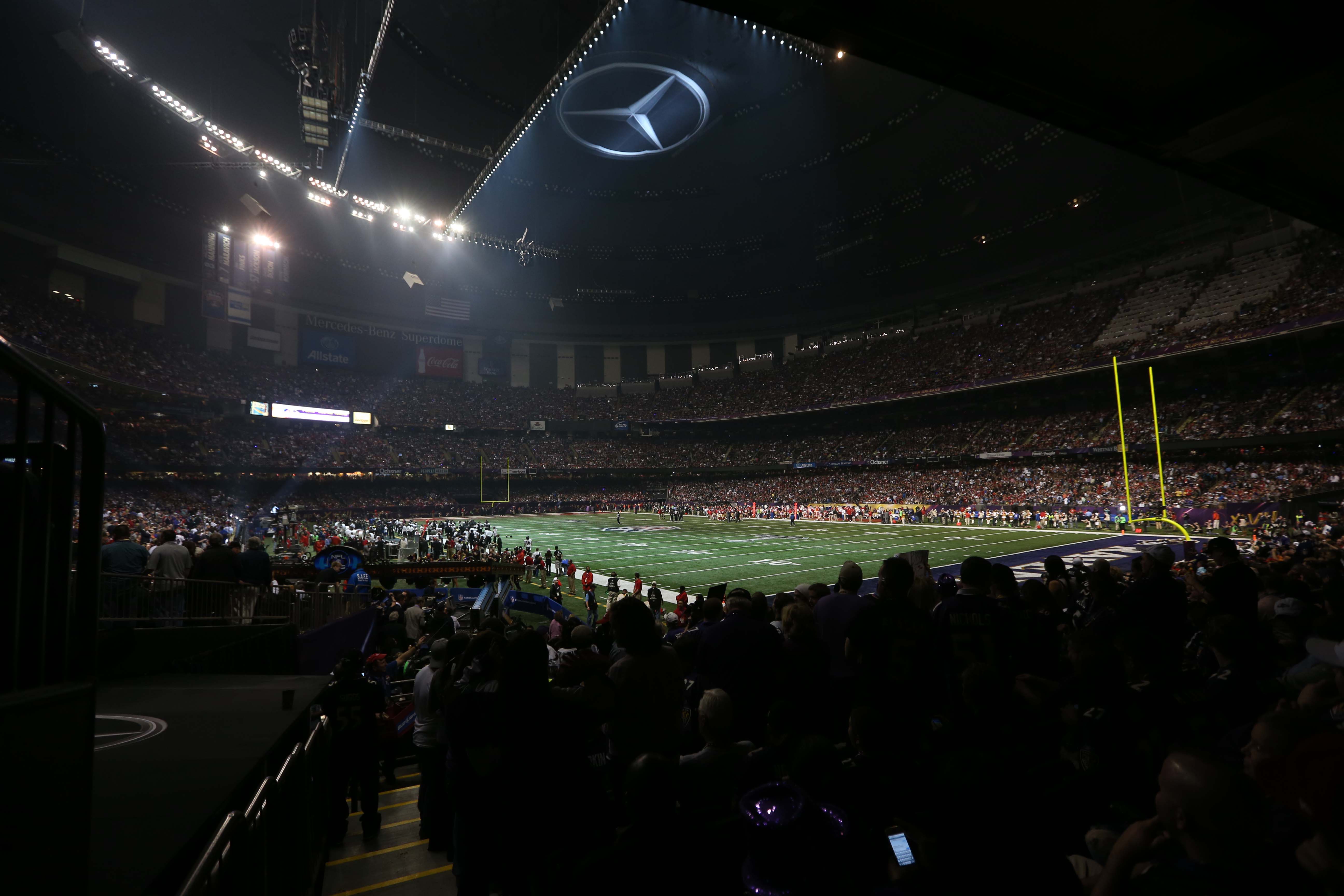 Feb 3, 2013; New Orleans, LA, USA; General view of the power outage during the third quarter in Super Bowl XLVII between the San Francisco 49ers and the Baltimore Ravens at the Mercedes-Benz Superdome.
