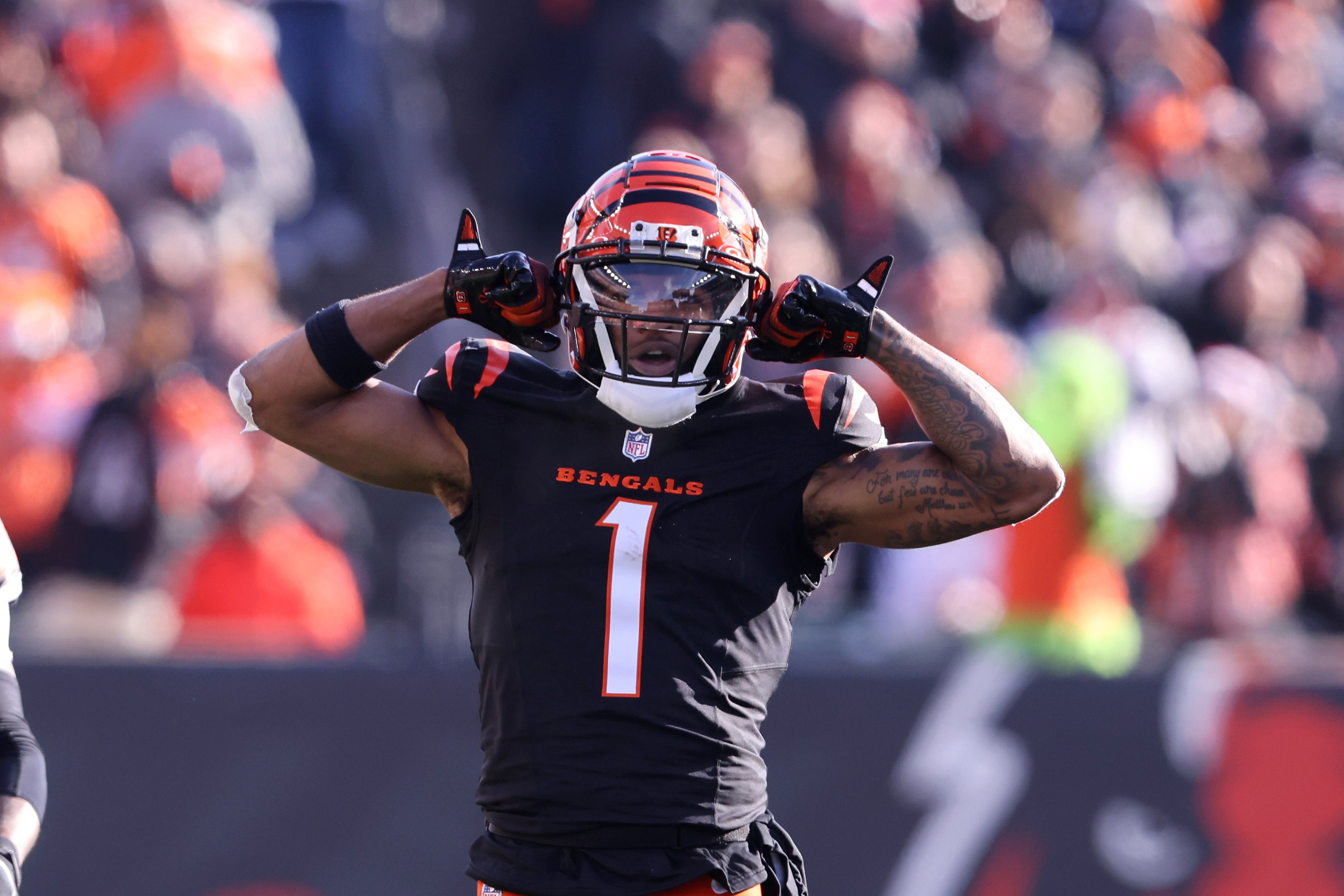 Dec 22, 2024; Cincinnati, Ohio, USA; Cincinnati Bengals wide receiver Ja'Marr Chase (1) celebrates a first down catch during the first quarter against the Cleveland Browns at Paycor Stadium. Mandatory Credit: Joseph Maiorana-Imagn Images