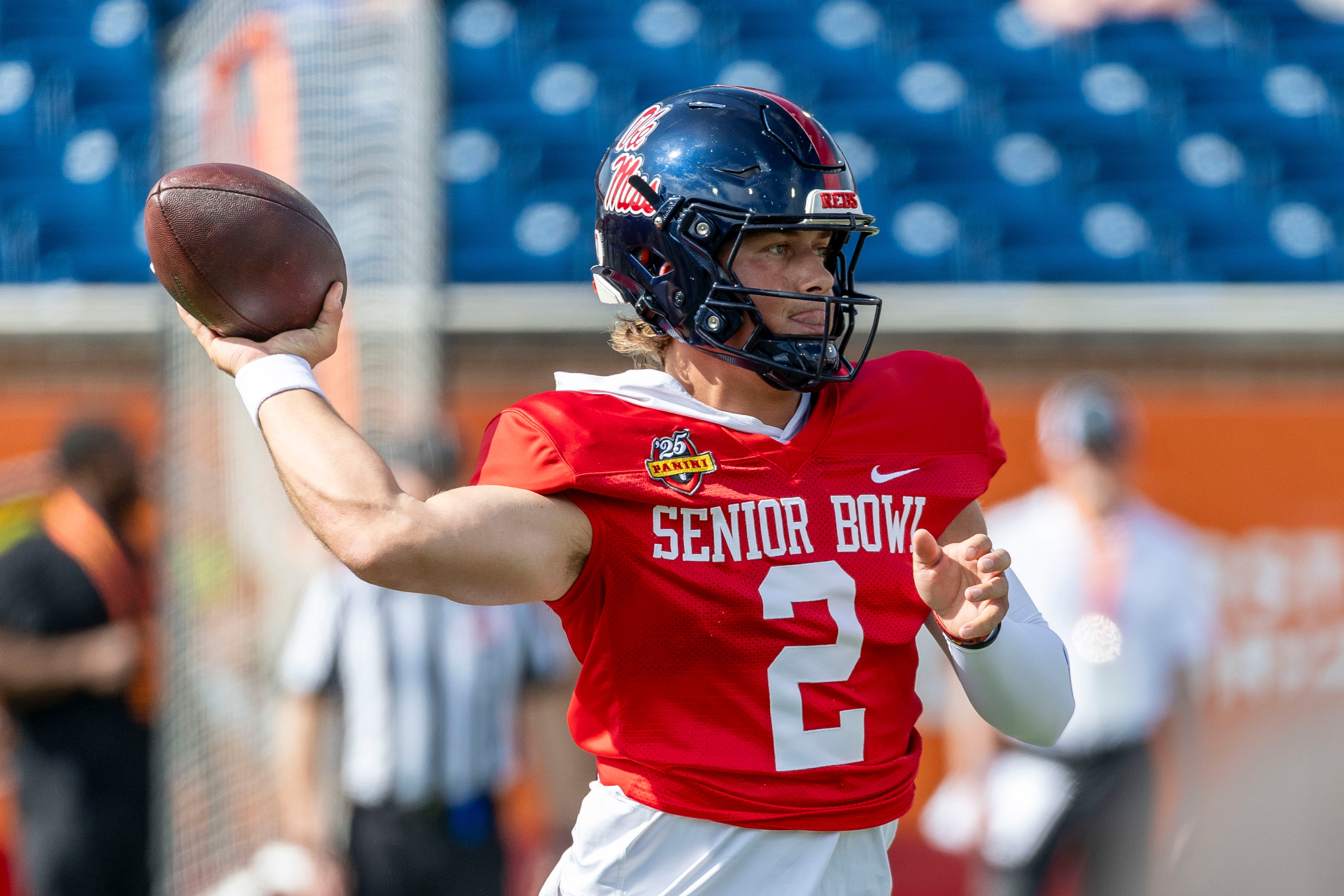 Jan 29, 2025; Mobile, AL, USA; American team quarterback Jaxson Dart of Ole Miss (2) throws the ball during Senior Bowl practice for the National team at Hancock Whitney Stadium.