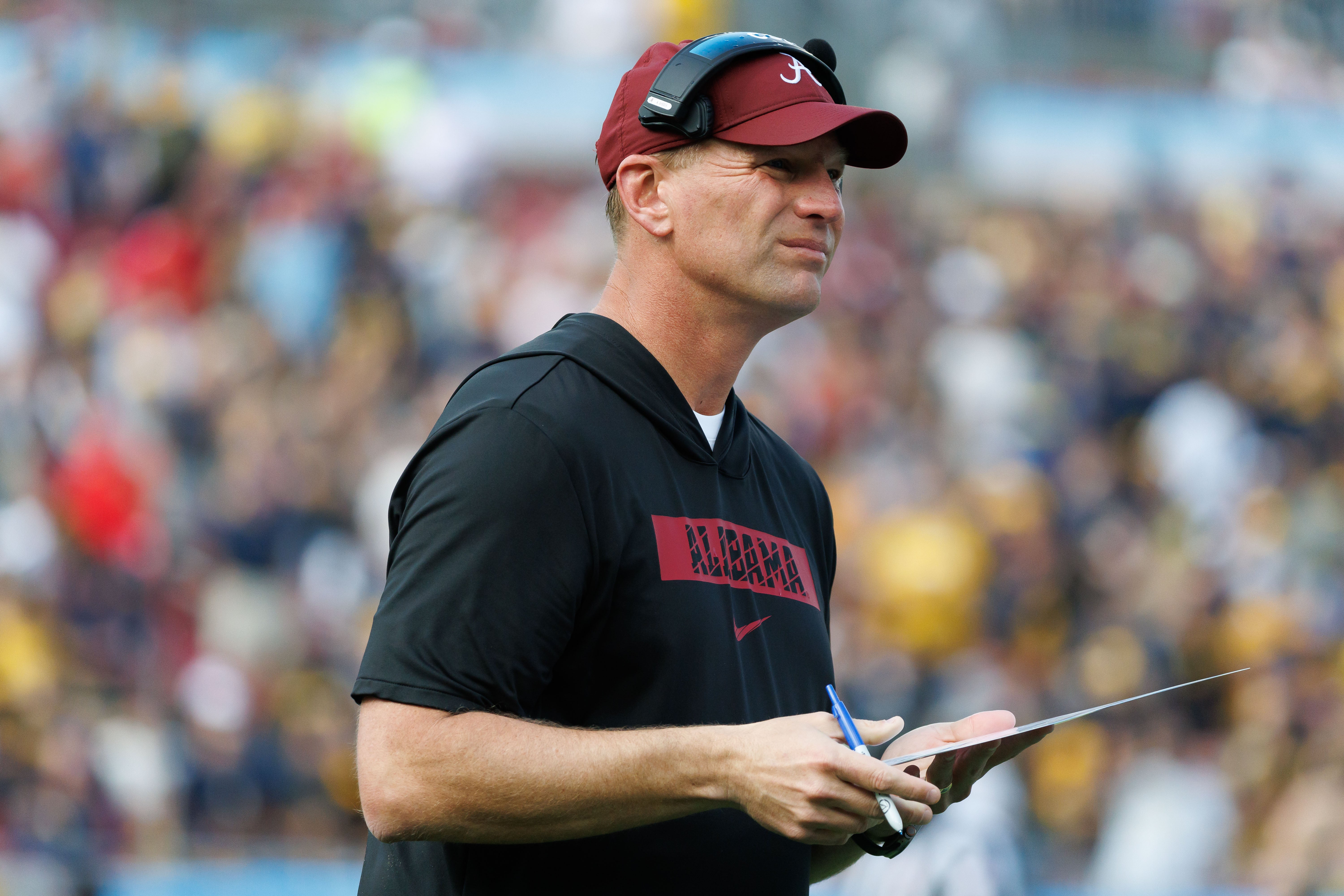 Dec 31, 2024; Tampa, FL, USA; Alabama Crimson Tide head coach Kalen DeBoer looks on against the Michigan Wolverines during the first half at Raymond James Stadium.