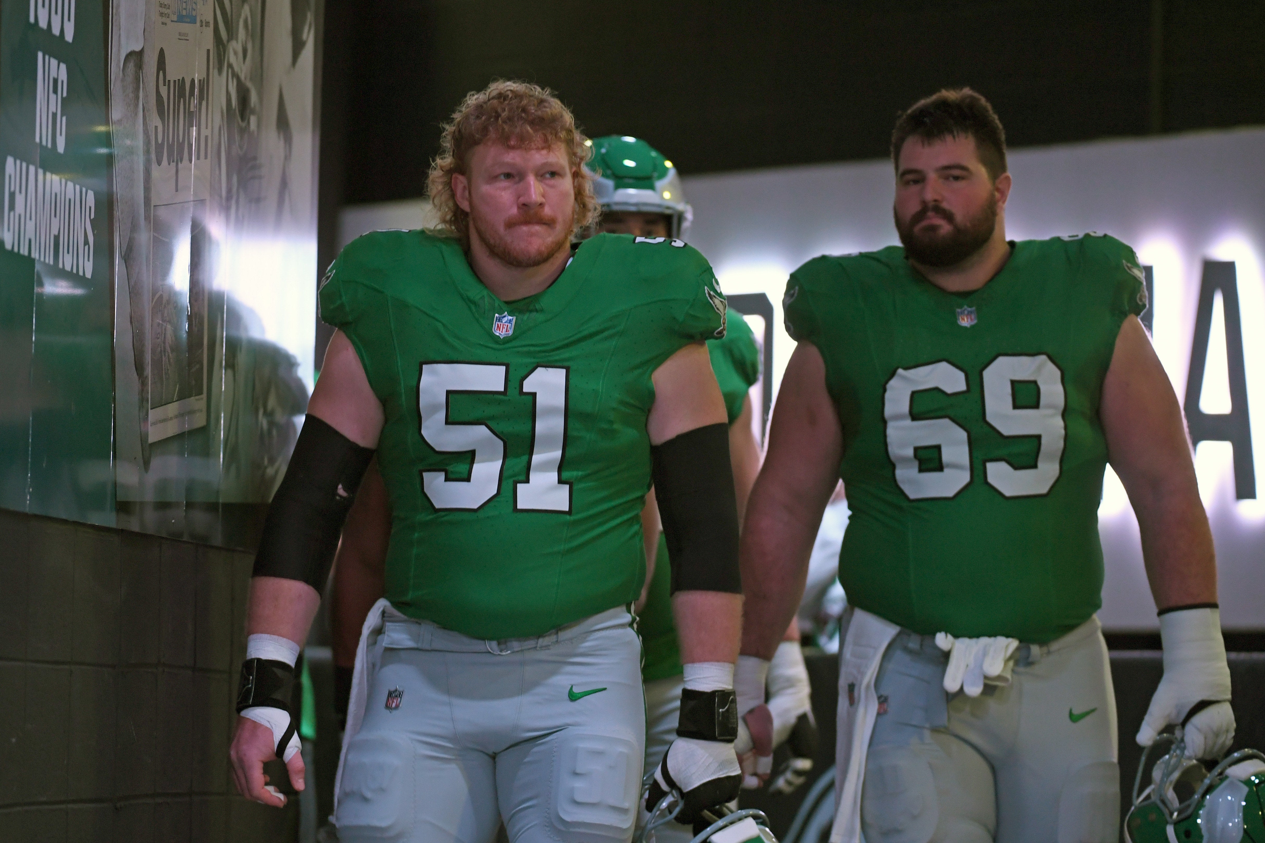 Philadelphia Eagles center Cam Jurgens (51) and guard Landon Dickerson (69) in the tunnel against the Dallas Cowboys at Lincoln Financial Field.