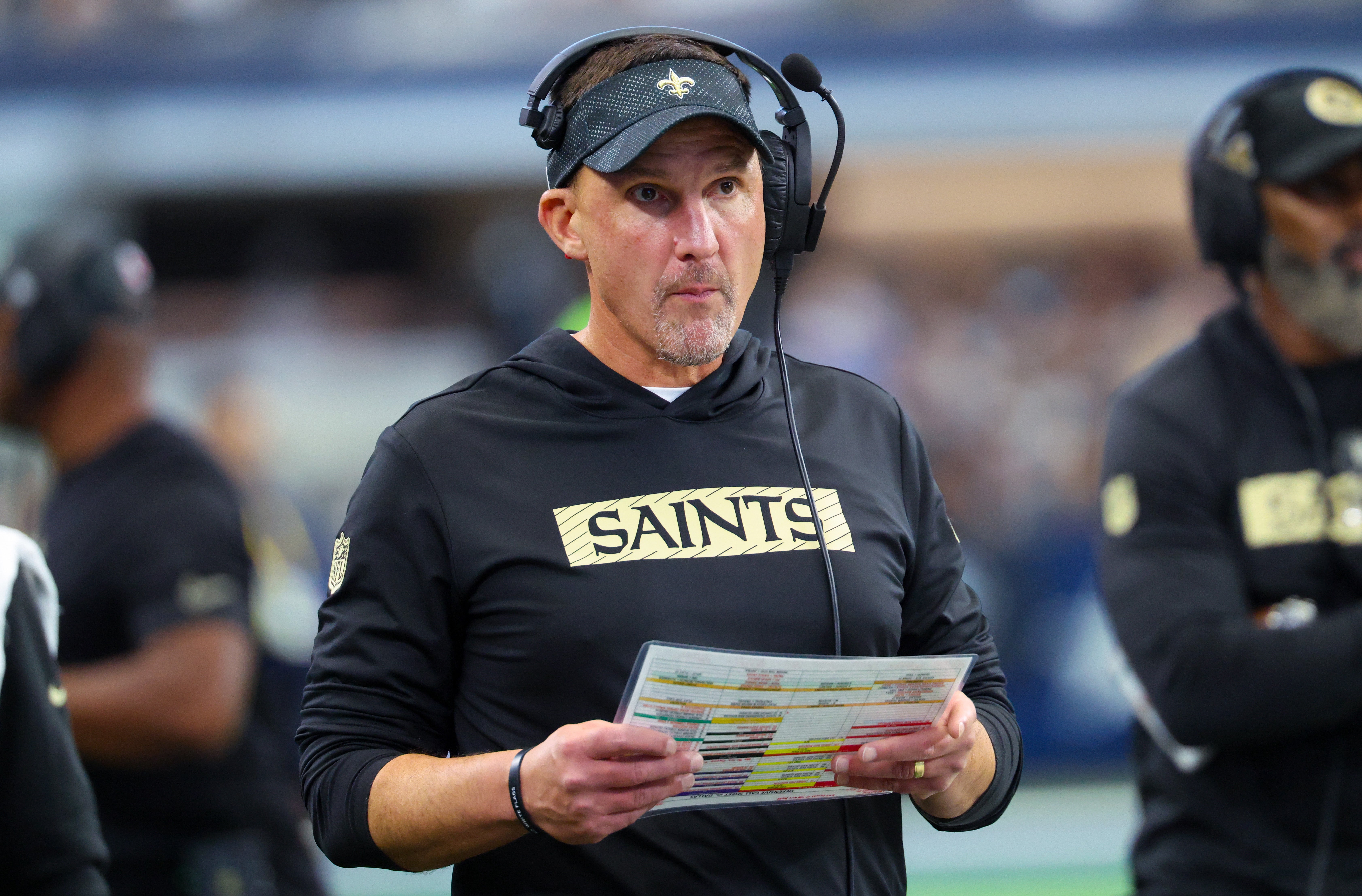 Sep 15, 2024; Arlington, Texas, USA; New Orleans Saints head coach Dennis Allen reacts during the second half against the Dallas Cowboys at AT&T Stadium.