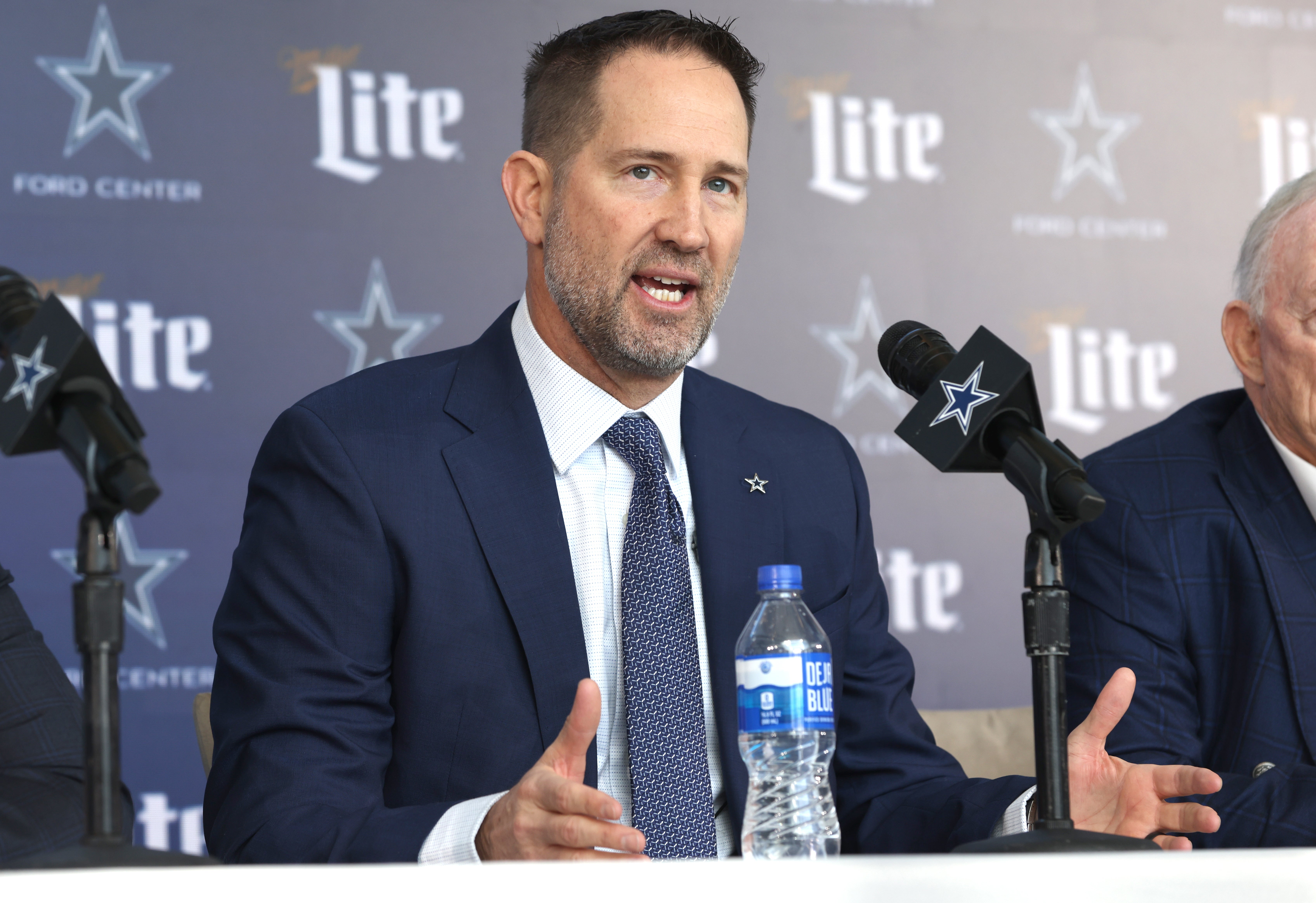Dallas Cowboys Head Coach Brian Schottenheimer speaks to the media at a press conference at the Star.