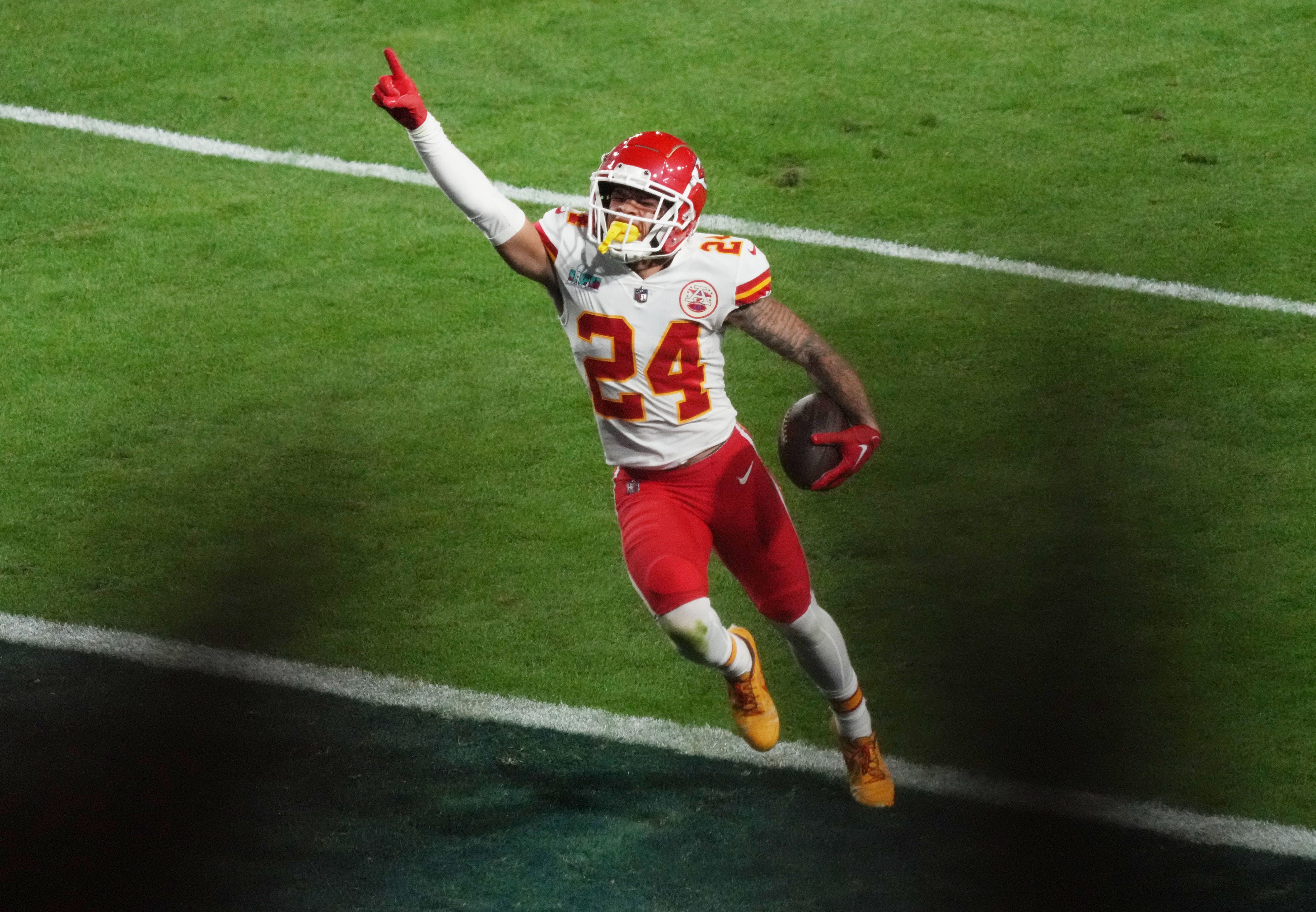 Kansas City Chiefs wide receiver Skyy Moore (24) celebrates as he scores a touchdown against the Philadelphia Eagles in the 4th quarter in Super Bowl LVII at State Farm Stadium in Glendale on Feb. 12, 2023. Nfl Super Bowl Lvii Kansas City Chiefs Vs Philadelphia Eagles
