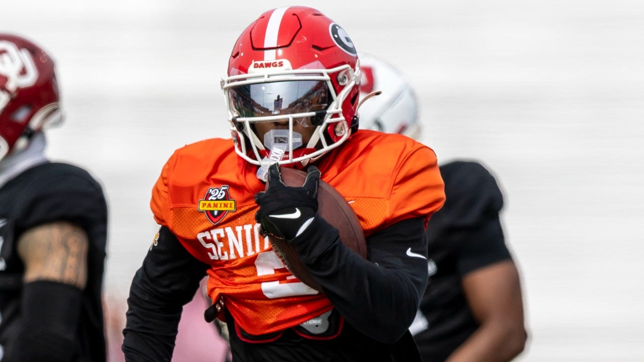 Jan 28, 2025; Mobile, AL, USA; American team running back Trevor Etienne of Georgia (3) runs the ball during Senior Bowl practice for the American team at Hancock Whitney Stadium. Mandatory Credit: Vasha Hunt-Imagn Images