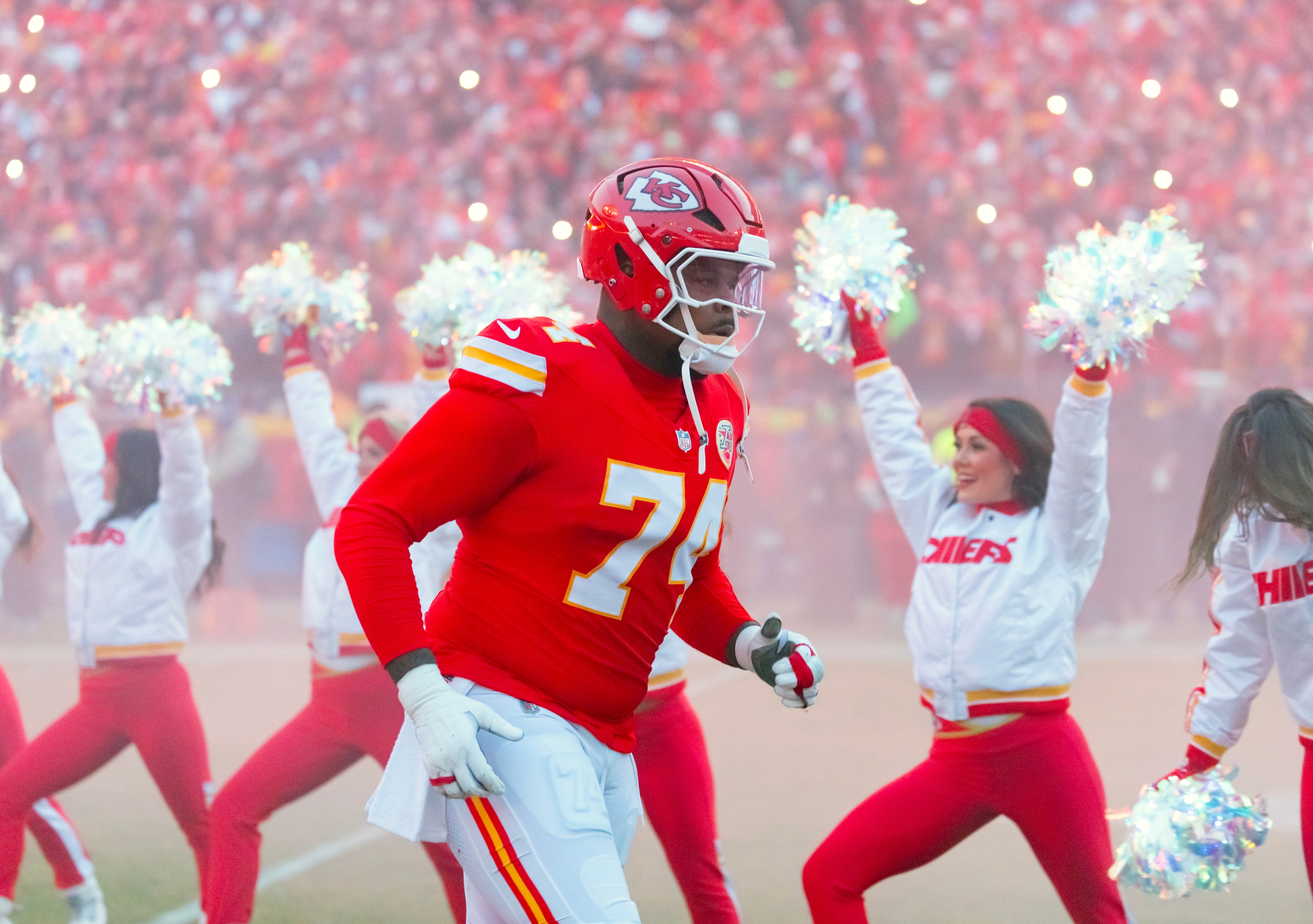 Jan 26, 2025; Kansas City, MO, USA; Kansas City Chiefs offensive tackle Jawaan Taylor (74) against the Buffalo Bills in the AFC Championship game at GEHA Field at Arrowhead Stadium.