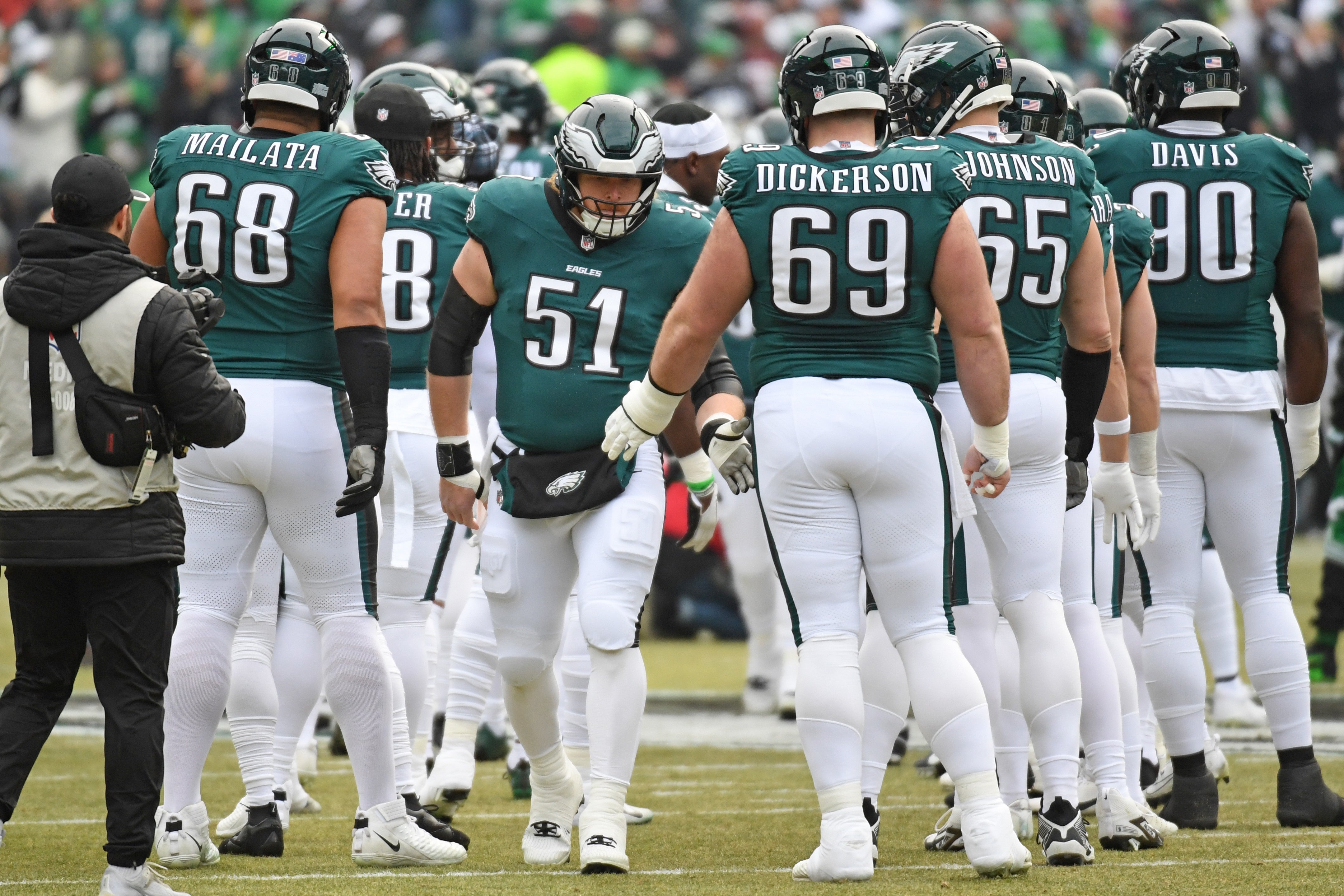 Philadelphia Eagles center Cam Jurgens (51) during the player introductions against the Washington Commanders in the NFC Championship game at Lincoln Financial Field.