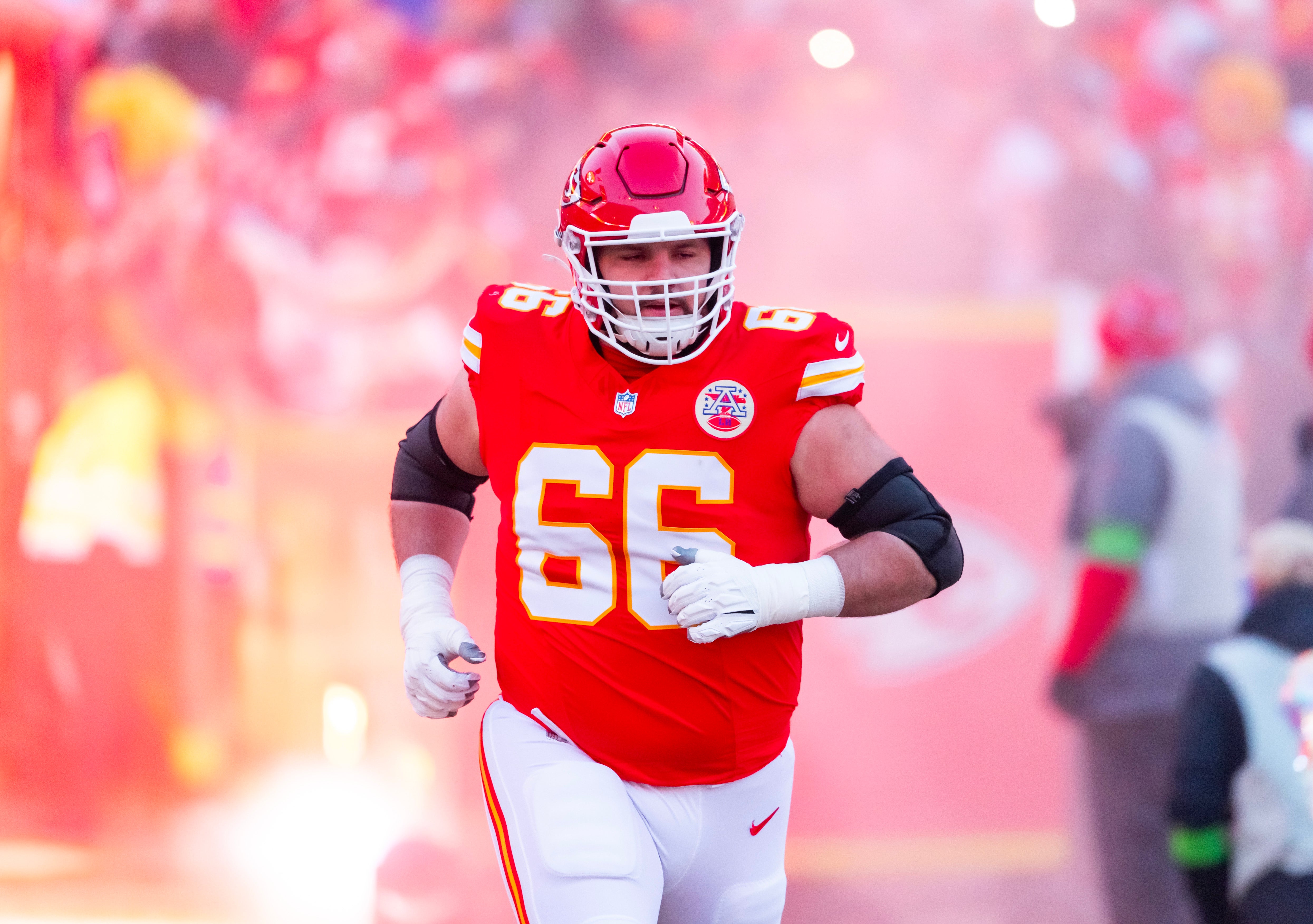 Jan 26, 2025; Kansas City, MO, USA; Kansas City Chiefs guard Mike Caliendo (66) against the Buffalo Bills in the AFC Championship game at GEHA Field at Arrowhead Stadium.