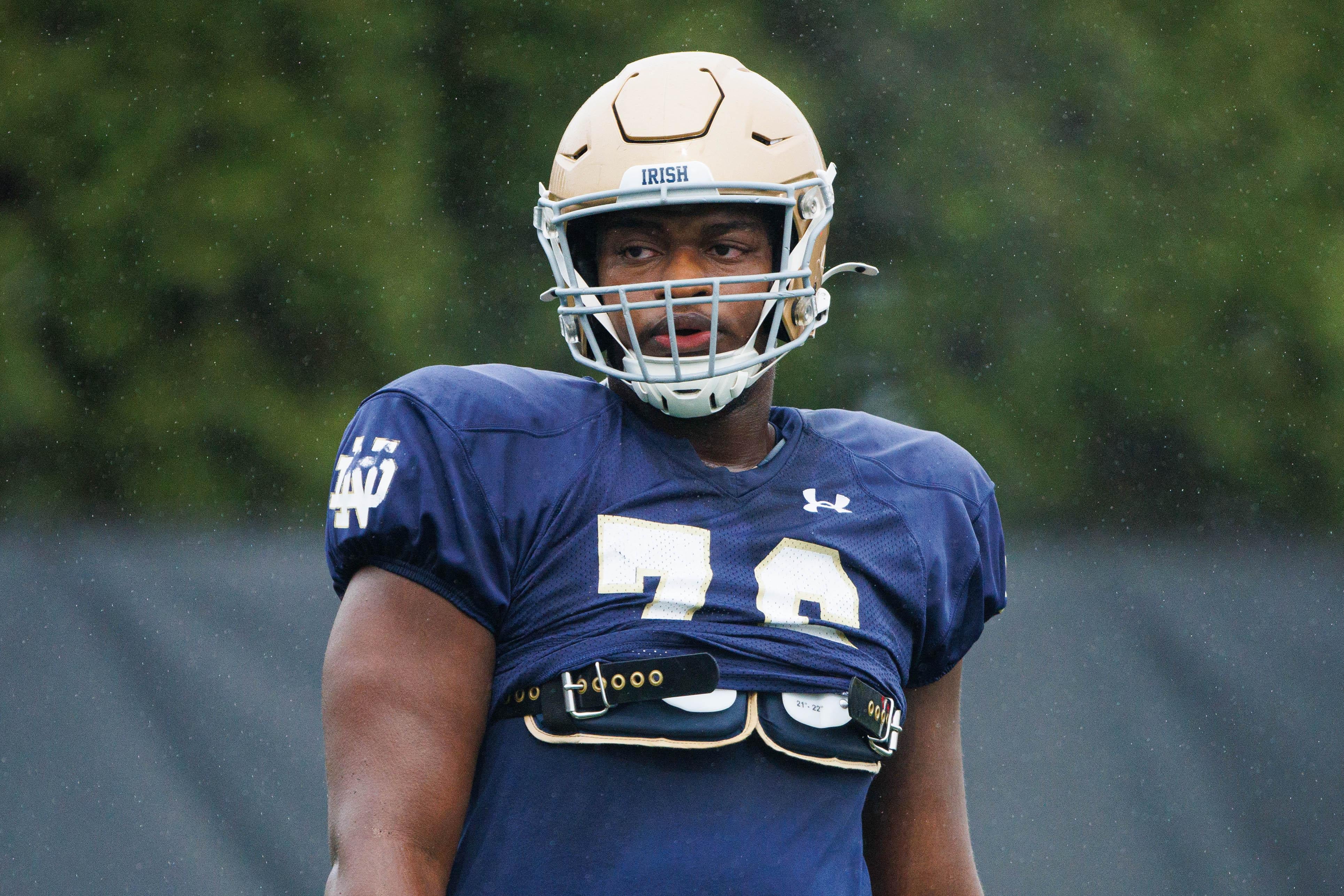 Notre Dame offensive lineman Guerby Lambert (76) participates in a drill during a Notre Dame football practice at Irish Athletic Center on Monday, Dec. 16, 2024, in South Bend.