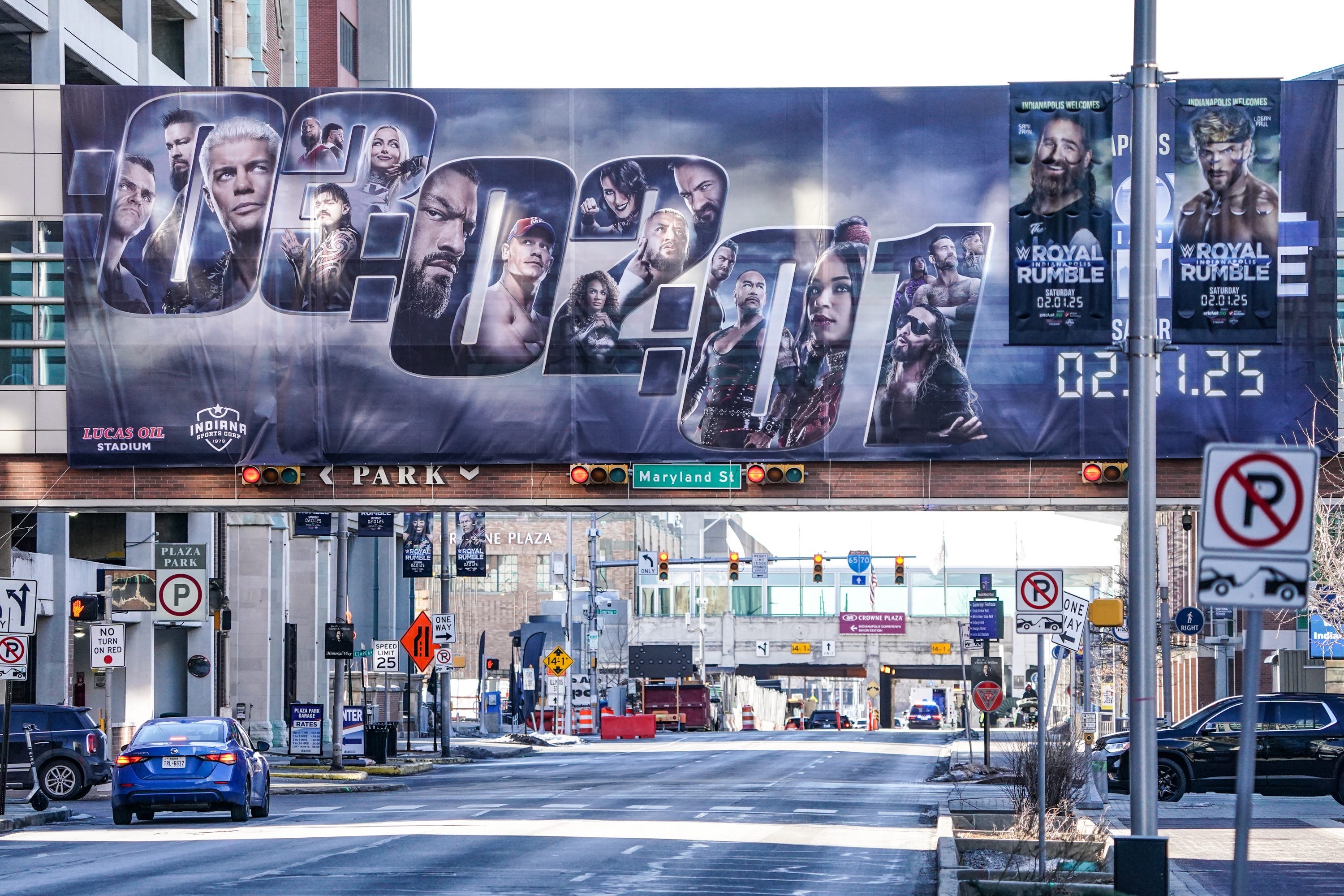 WWE Royal Rumble wrestling signage goes up to promote the upcoming event on Wednesday, Jan 29, 2025, in Indianapolis.