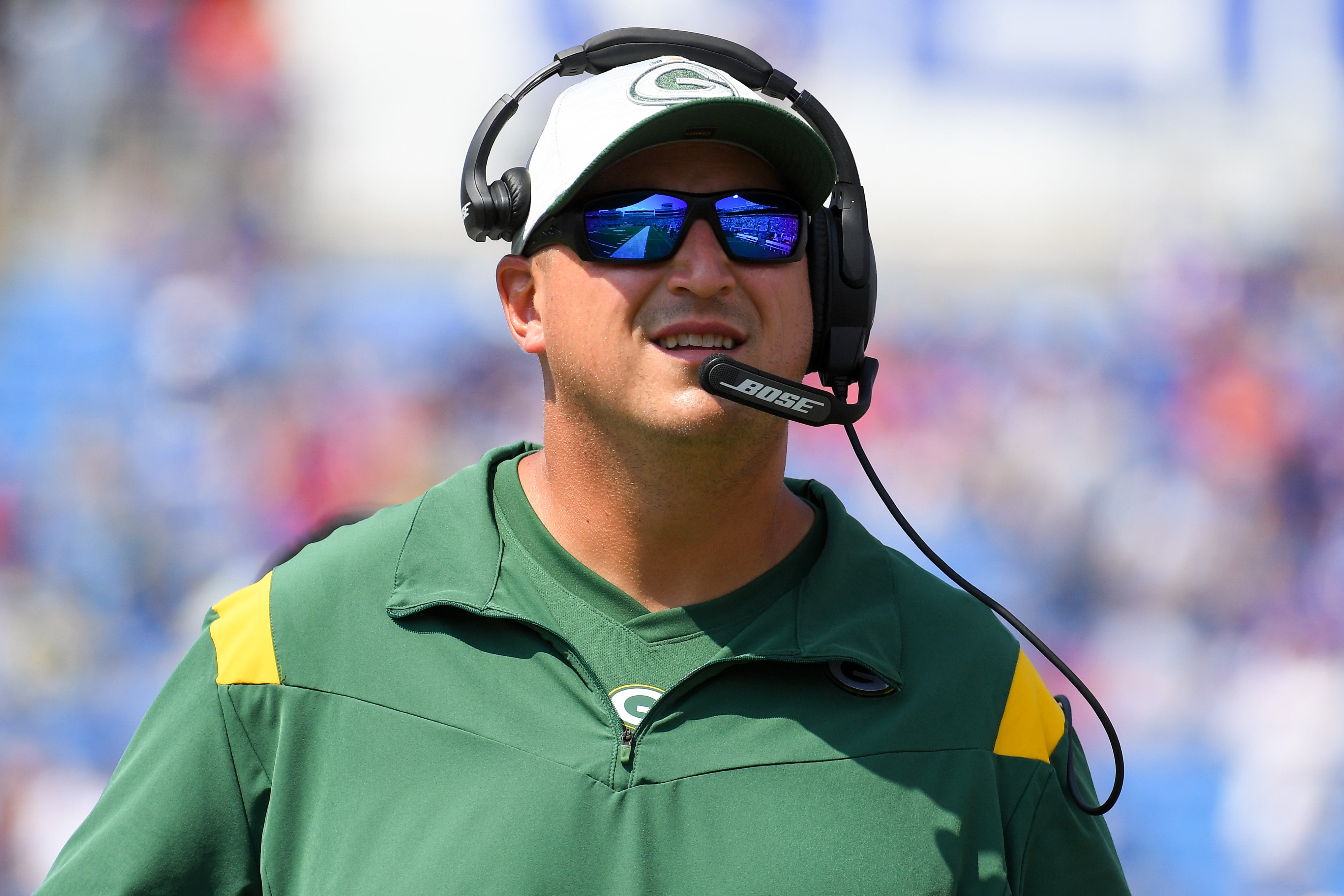 Aug 28, 2021; Orchard Park, New York, USA; Green Bay Packers offensive line coach Adam Stenavich prior to the game against the Buffalo Bills at Highmark Stadium.