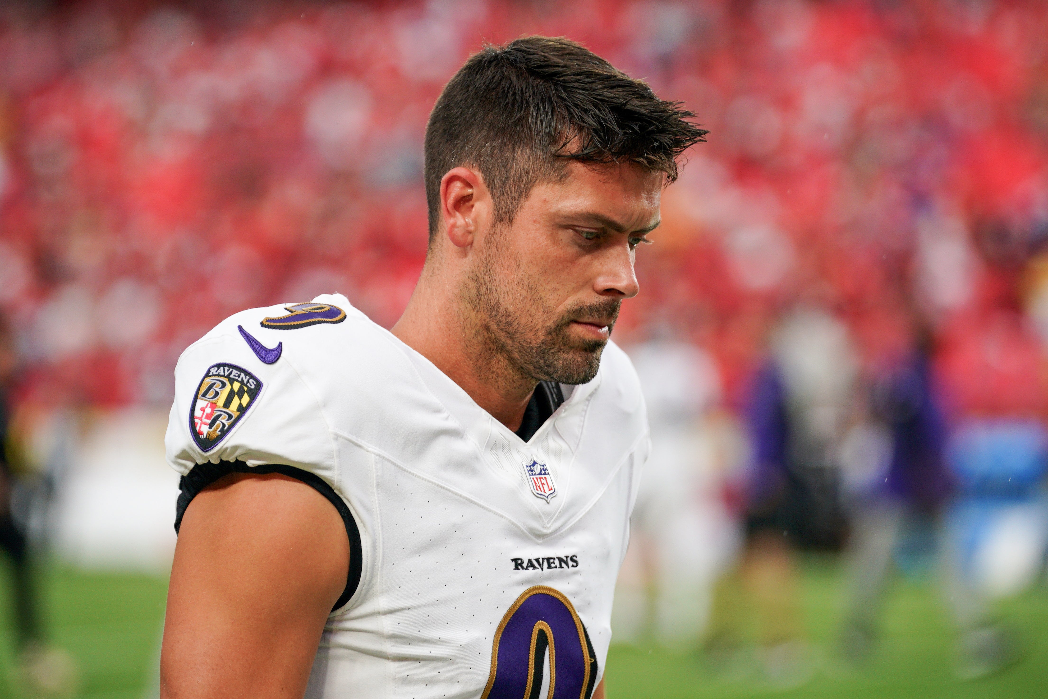 Sep 5, 2024; Kansas City, Missouri, USA; Baltimore Ravens kicker Justin Tucker (9) warms up against the Kansas City Chiefs prior to a game at GEHA Field at Arrowhead Stadium.