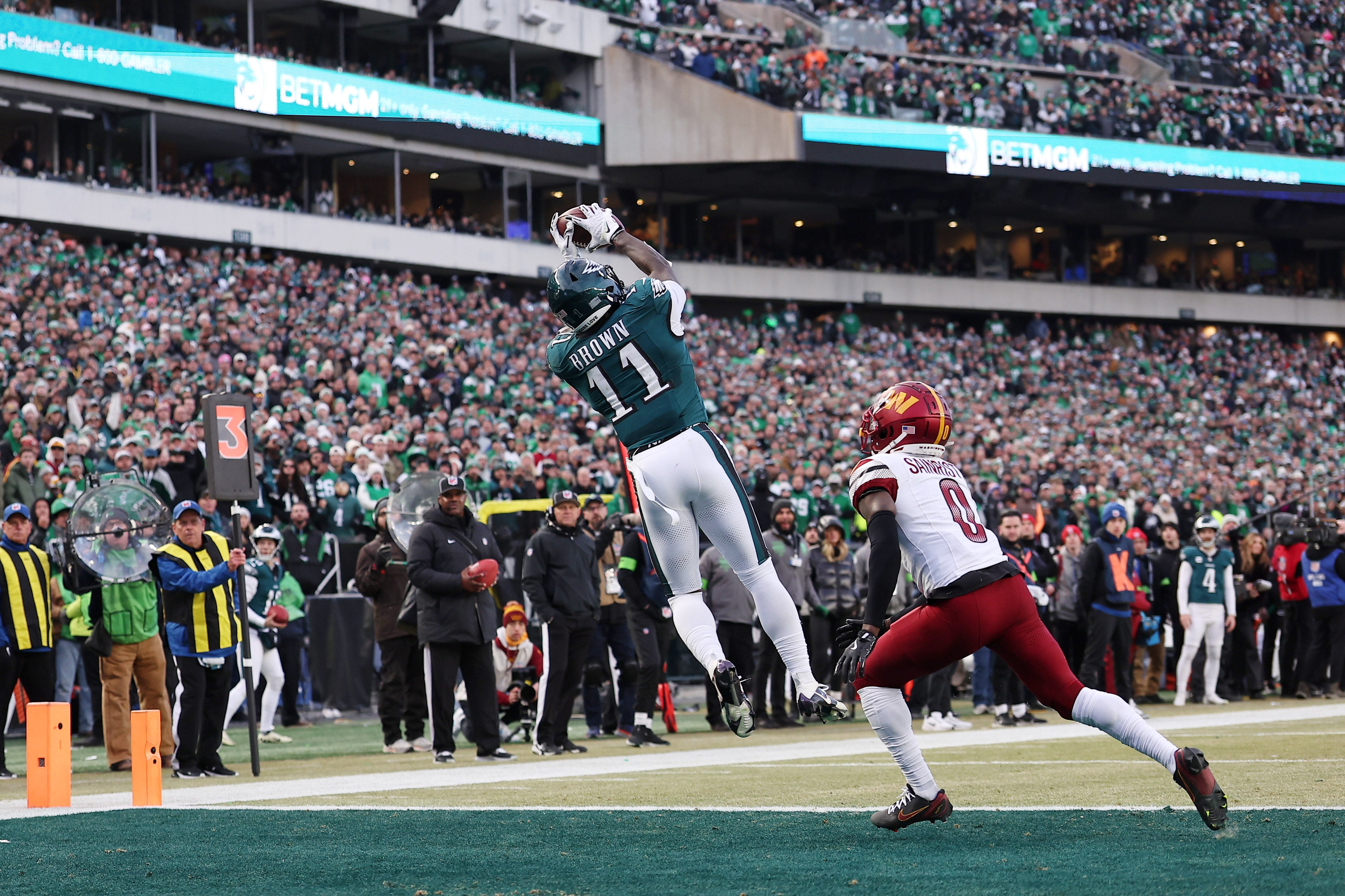 Philadelphia Eagles wide receiver A.J. Brown (11) makes a catch for a touchdown against the Washington Commanders during the first half in the NFC Championship game at Lincoln Financial Field.
