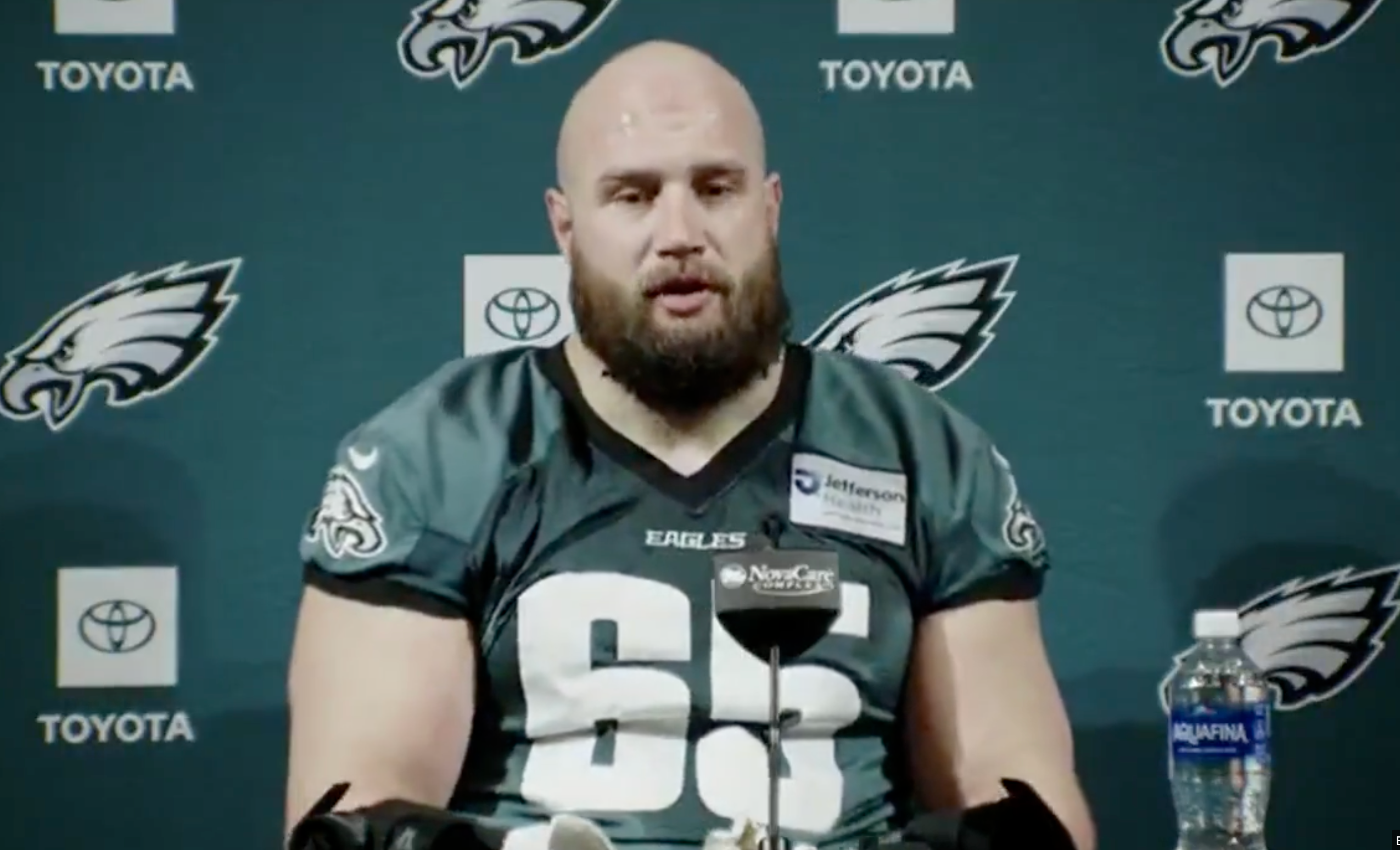 Philadelphia Eagles right tackle Lane Johnson speaks to media ahead of Super Bowl LIX.