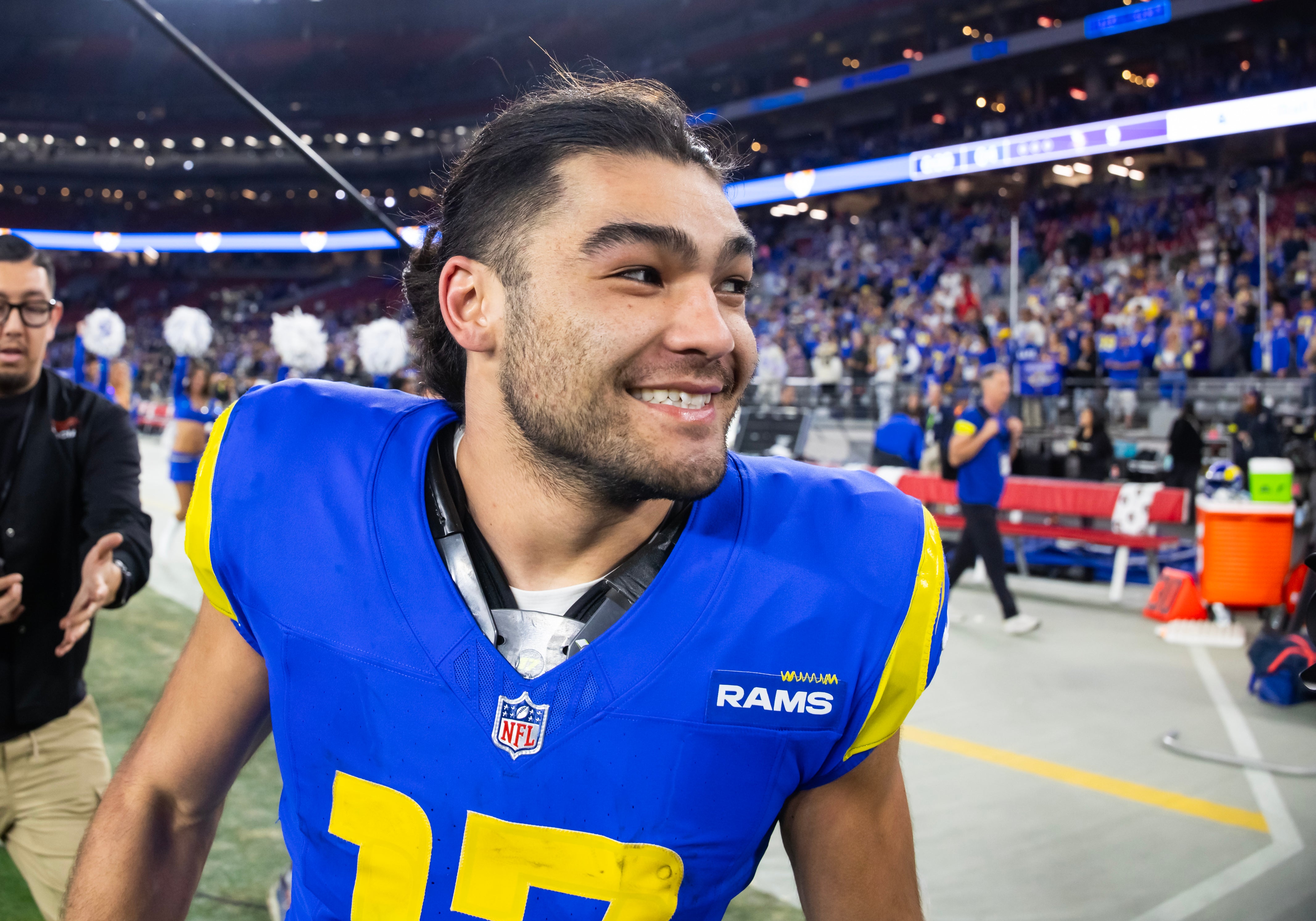 Jan 13, 2025; Glendale, AZ, USA; Los Angeles Rams wide receiver Puka Nacua (17) celebrates after defeating the Minnesota Vikings during an NFC wild card game at State Farm Stadium.
