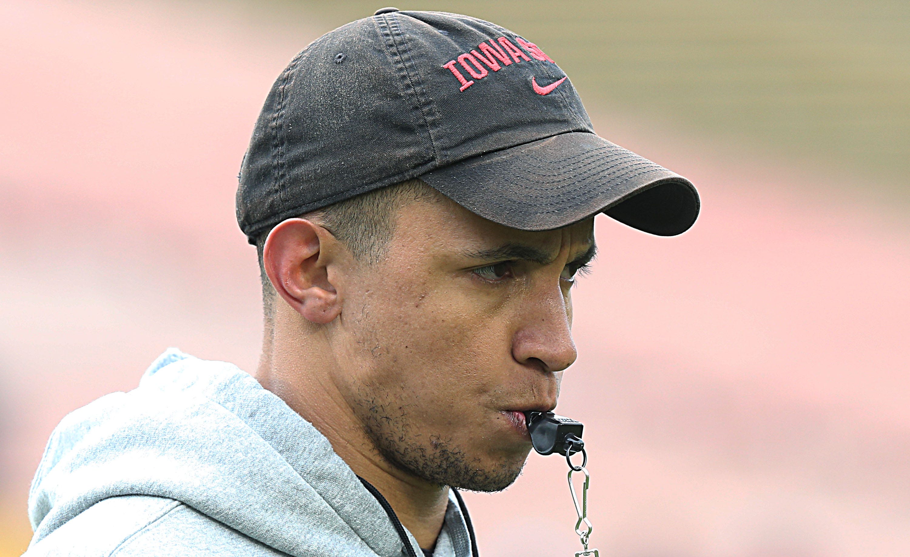 Offensive Coordinator/Quarterbacks Nate Scheelhaase watches the practice during the university's Spring Football game at Jack Trice Stadium Saturday, April 22, 2023, in Ames, Iowa Ncaa Football Iowa State Spring Football