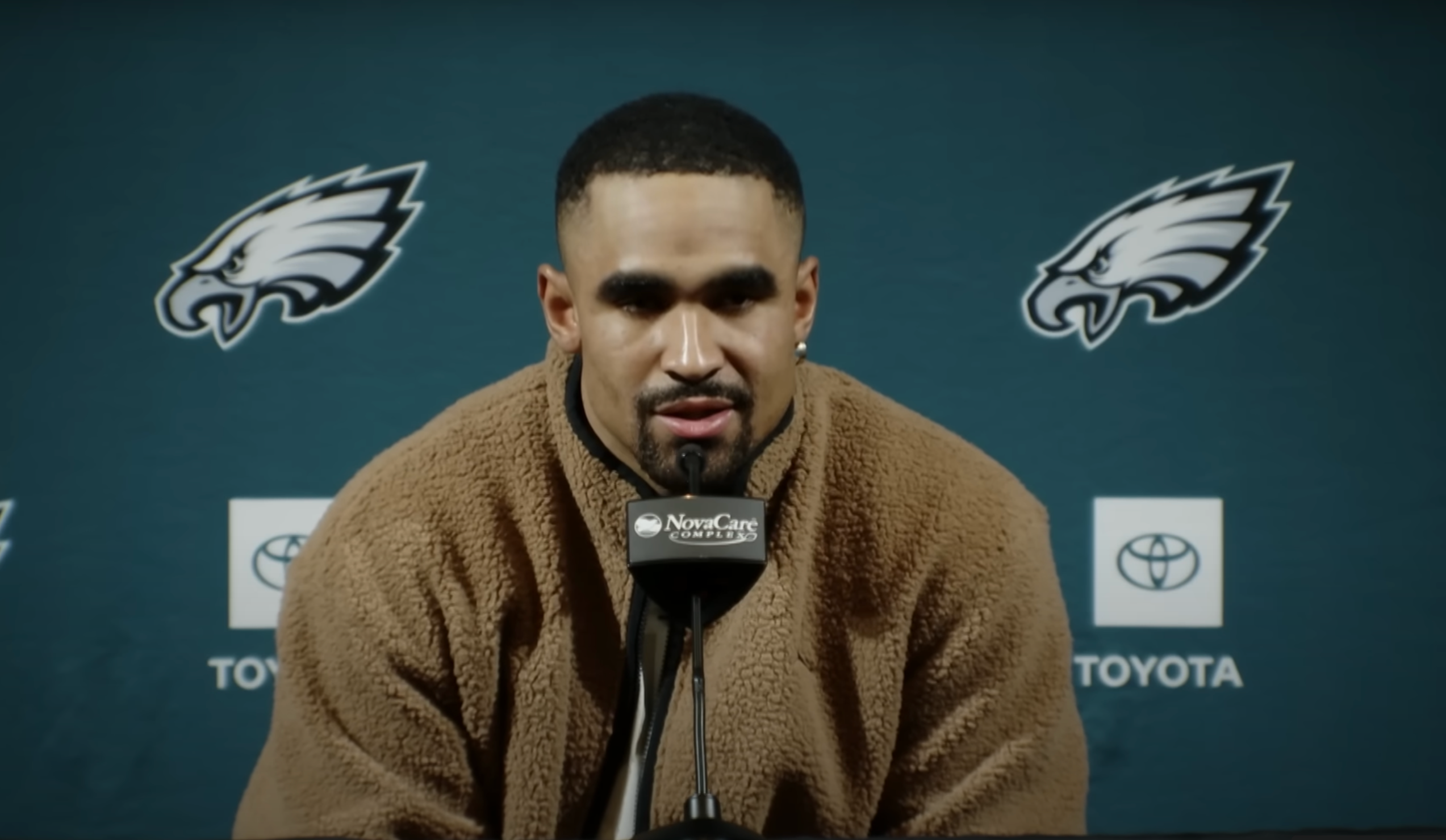 Philadelphia Eagles quarterback Jalen Hurts speaks to media ahead of Super Bowl LIX.