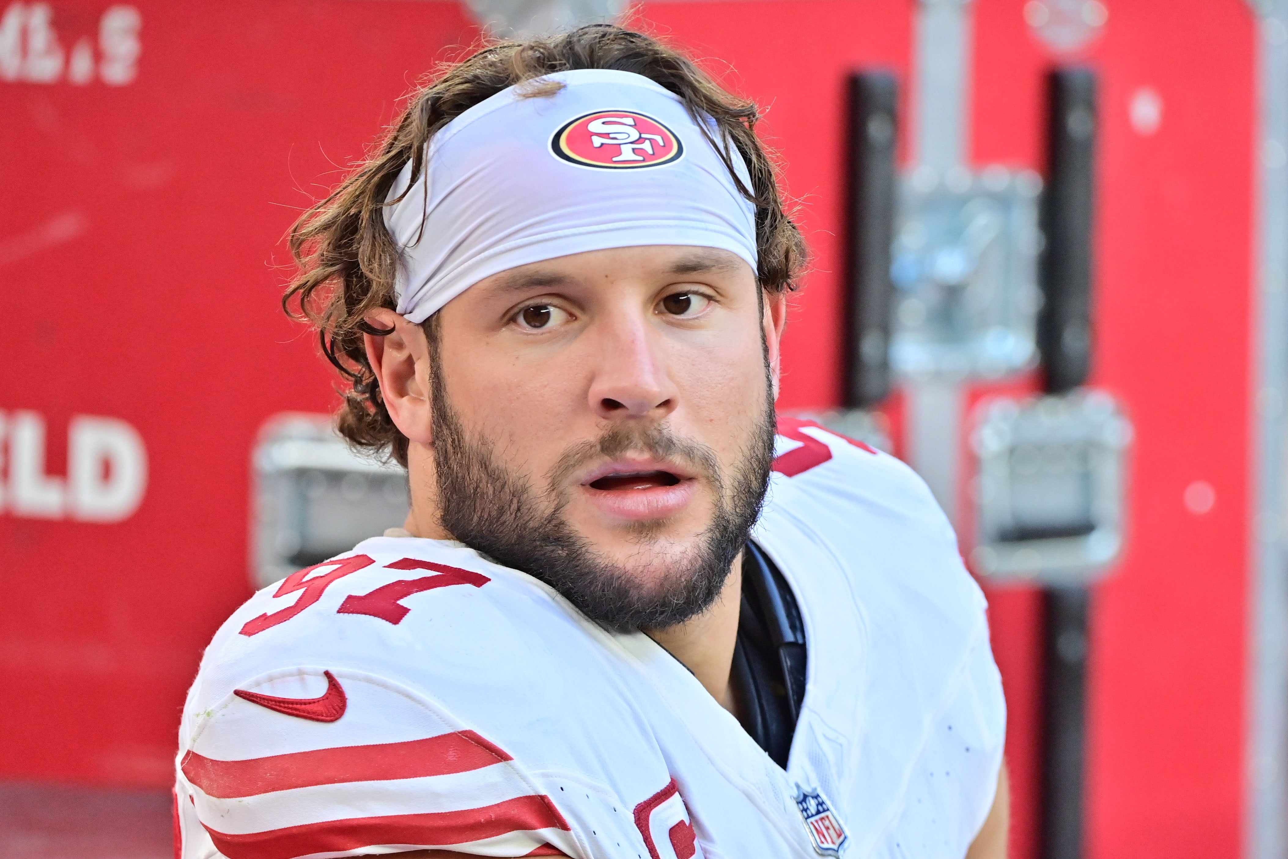San Francisco 49ers defensive end Nick Bosa (97) looks on in the first half against the Arizona Cardinals at State Farm Stadium.