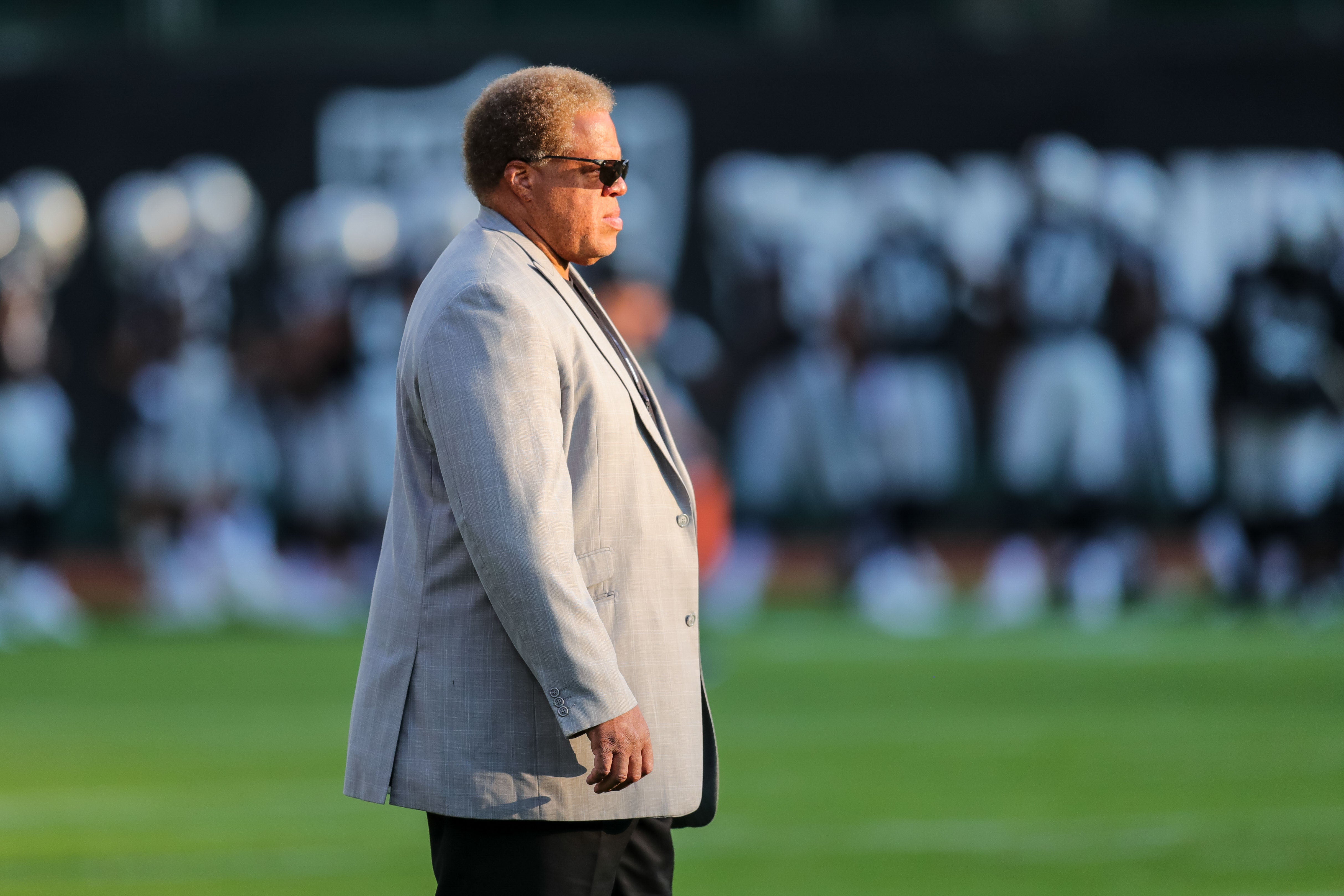 Aug 10, 2018; Oakland, CA, USA; Oakland Raiders general manger Reggie Mckenzie before the game against the Detroit Lions at Oakland Coliseum. Mandatory Credit: Sergio Estrada-Imagn Images