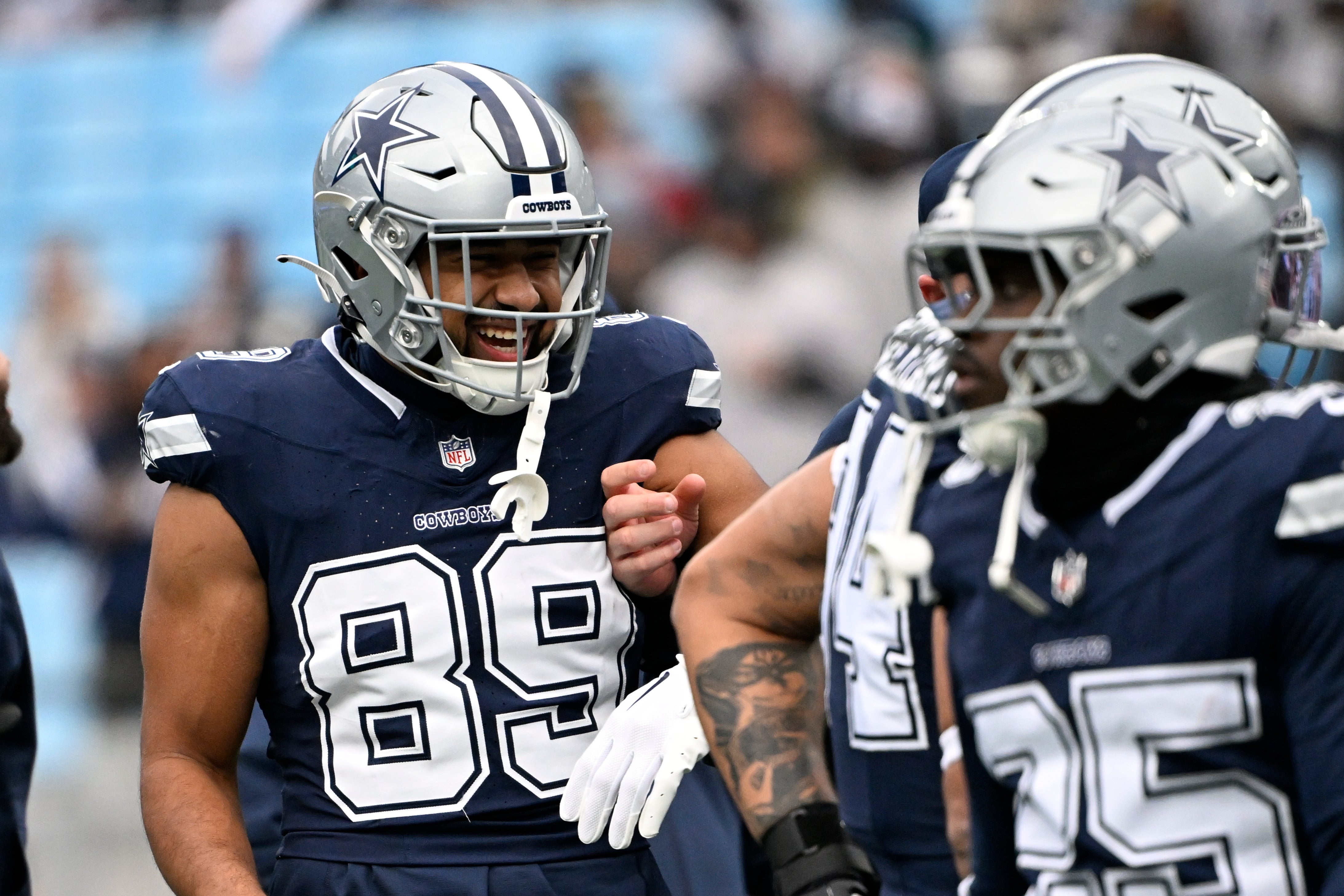Dallas Cowboys tight end Brevyn Spann-Ford (89) on the field before the game at Bank of America Stadium.