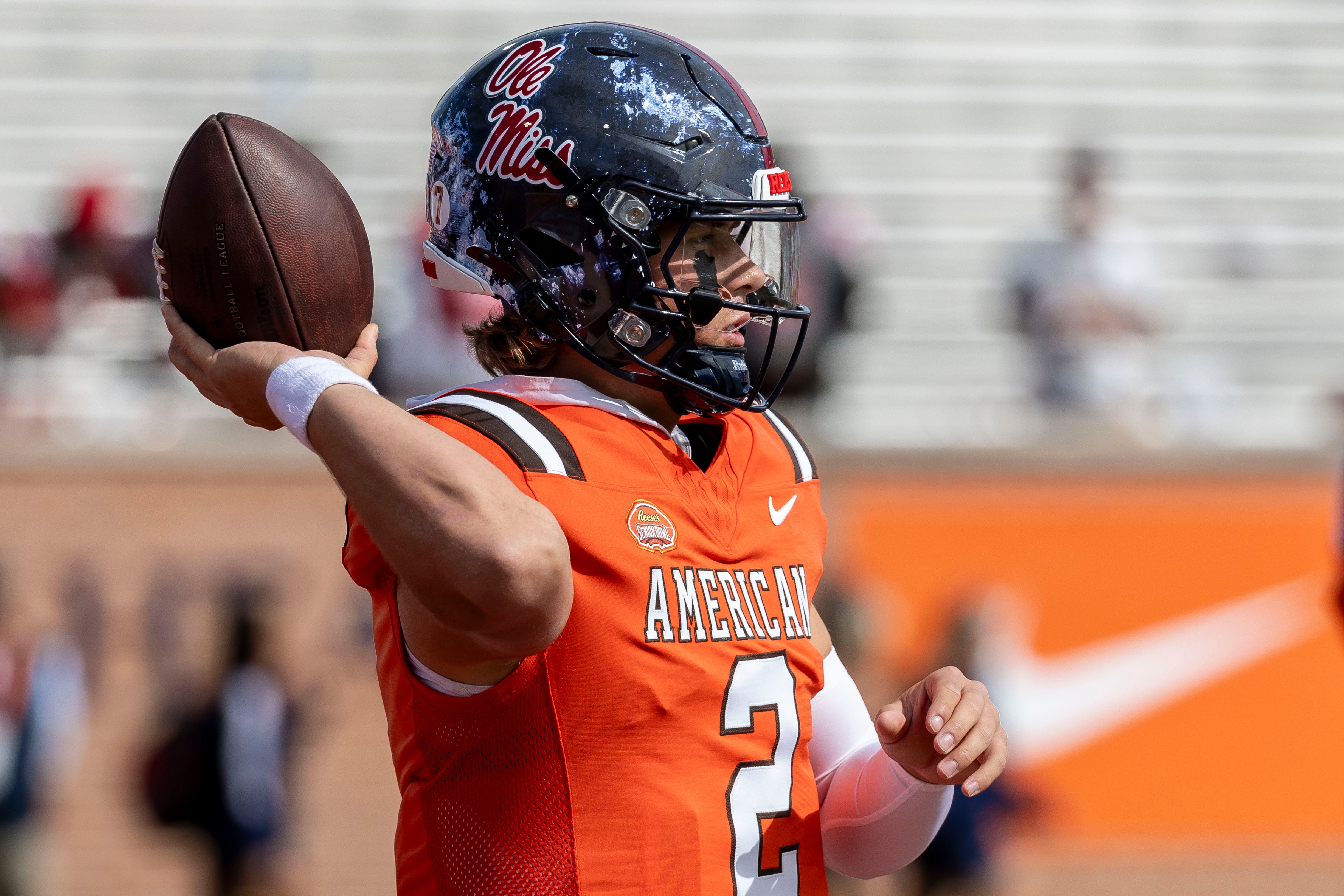 Feb 1, 2025; Mobile, AL, USA; American team quarterback Jaxson Dart of Ole Miss (2) warms up before the 2025 Senior Bowl football game against the National Team at Hancock Whitney Stadium.
