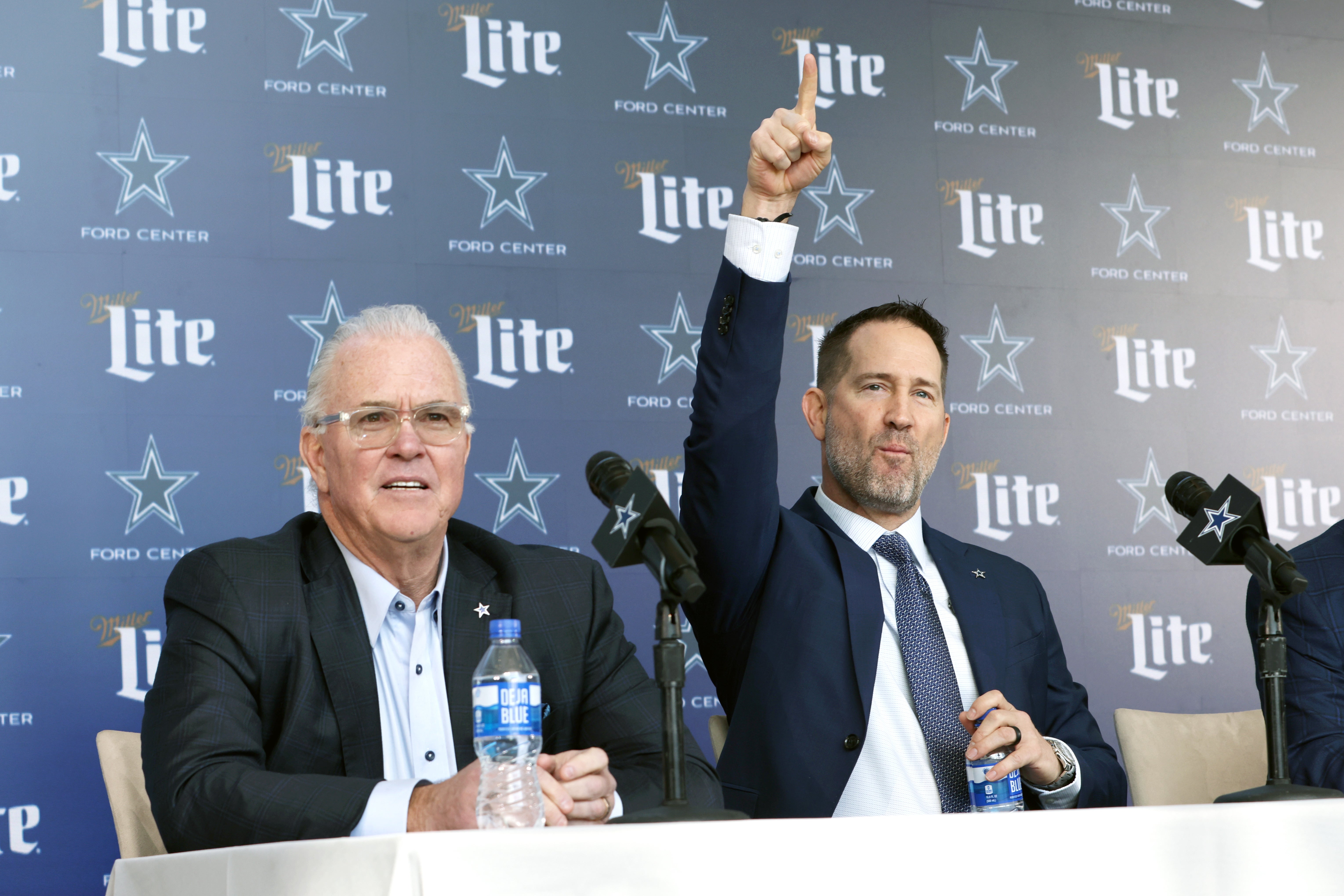Dallas Cowboys CEO Stephen Jones and head coach Brian Schottenheimer speak to the media at a press conference at the Star.