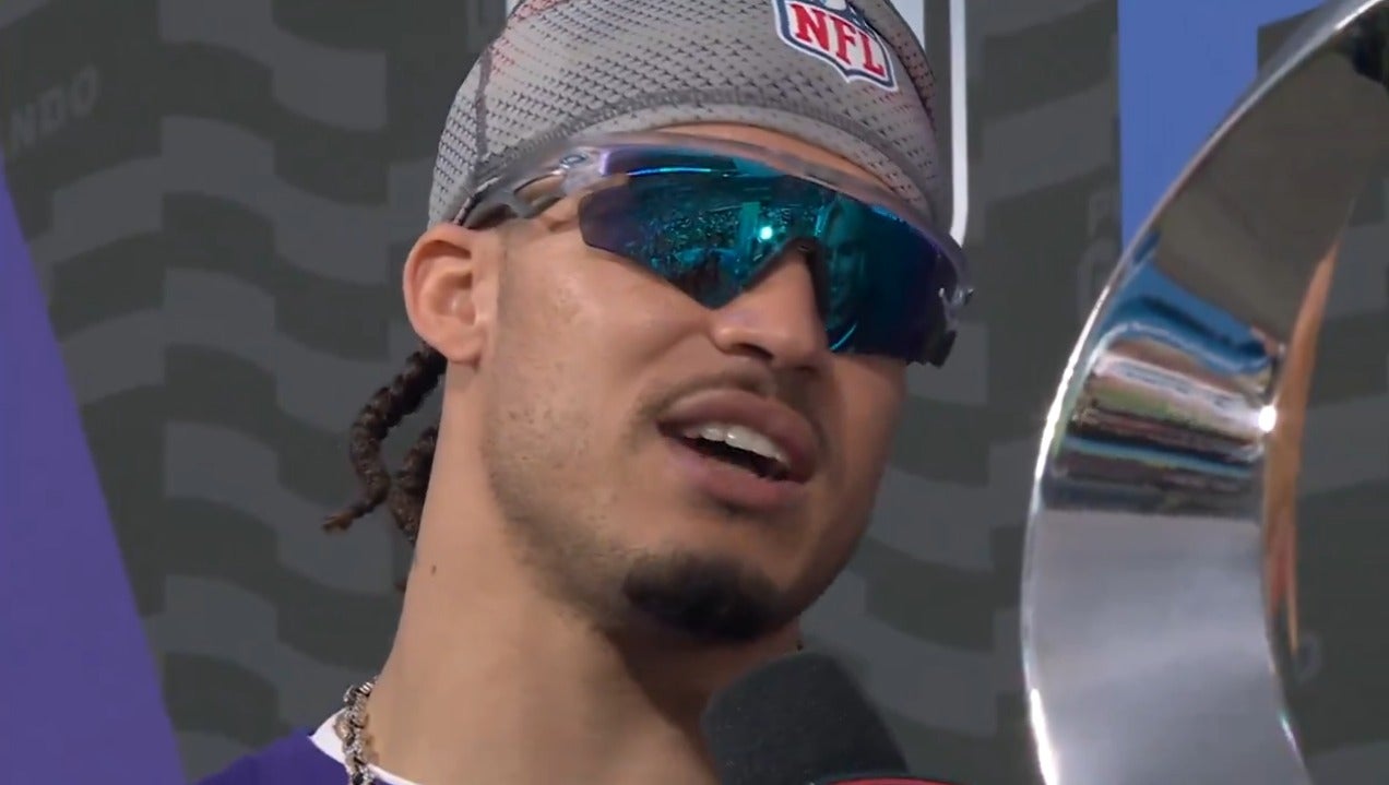 Minnesota Vikings cornerback Byron Murphy Jr. (7) is interviewed after winning the Defensive Most Valuable Player award at the 2025 Pro Bowl Games.
