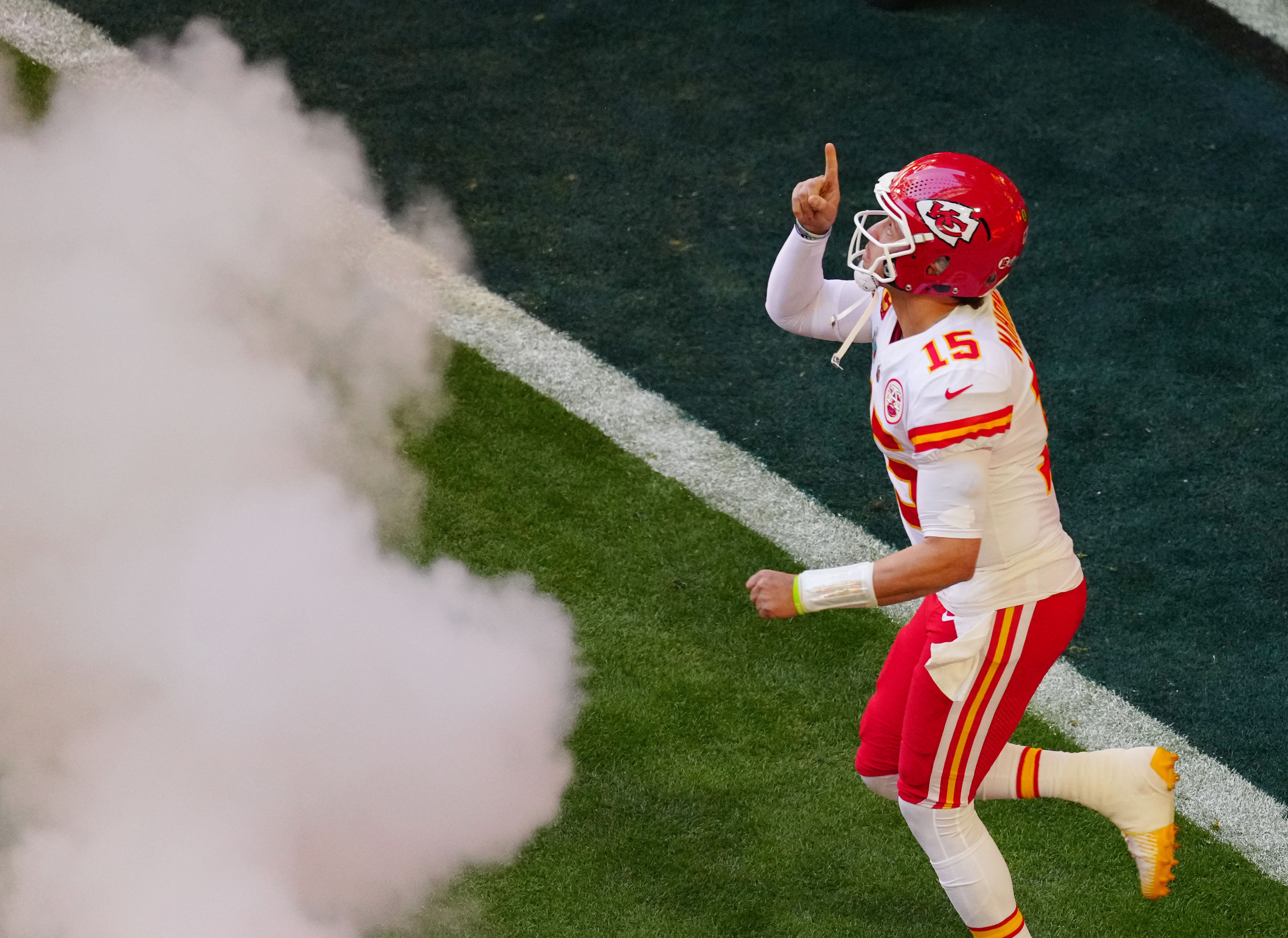 Feb 12, 2023; Glendale, AZ, USA; Kansas City Chiefs quarterback Patrick Mahomes (15) takes the field to play the Philadelphia Eagles in Super Bowl LVII at State Farm Stadium.