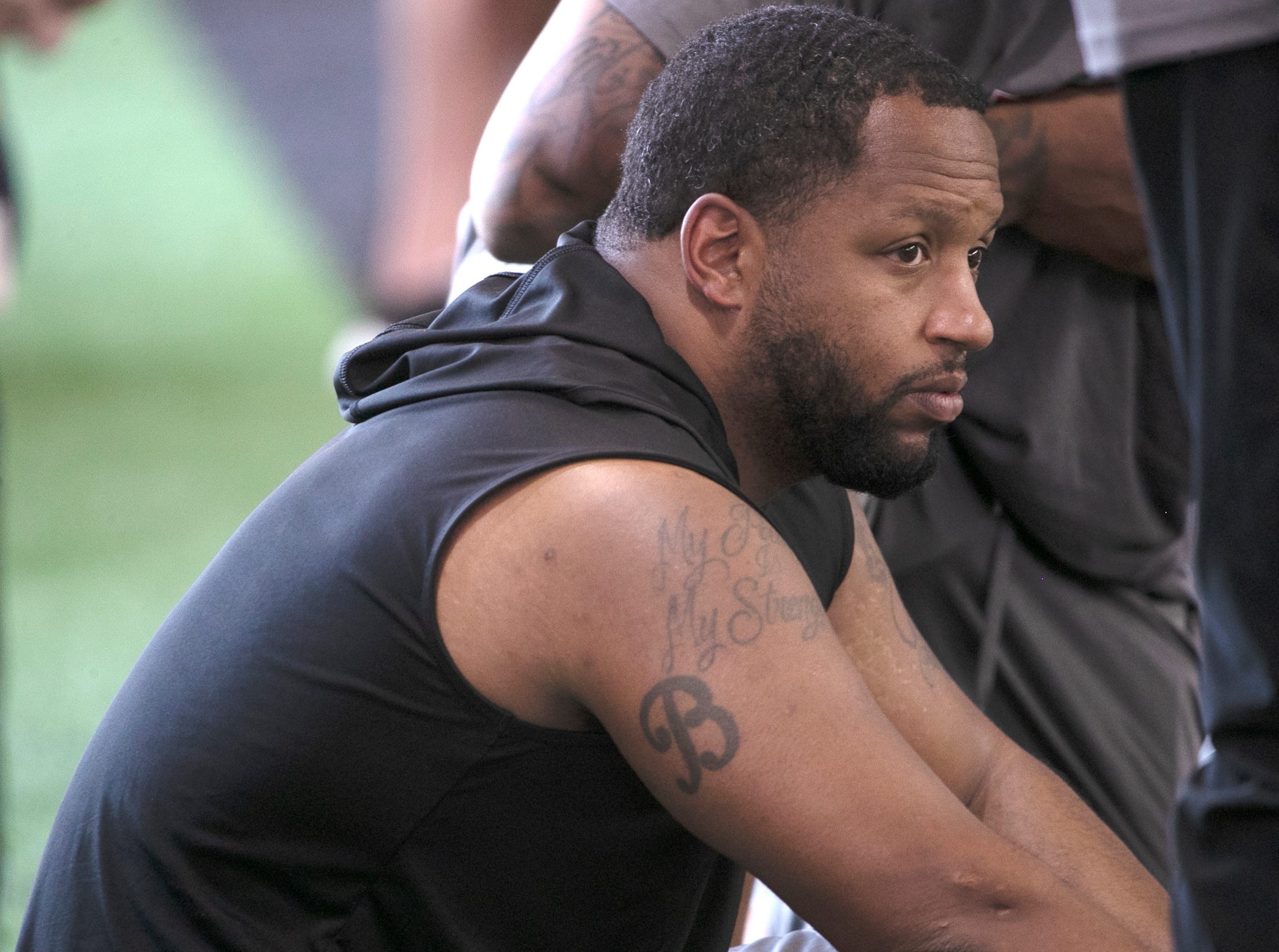 Texas Tech general manager James Blanchard sits on the ground during football practice, Wednesday, Aug. 14, 2024, at the Sports Performance Center.