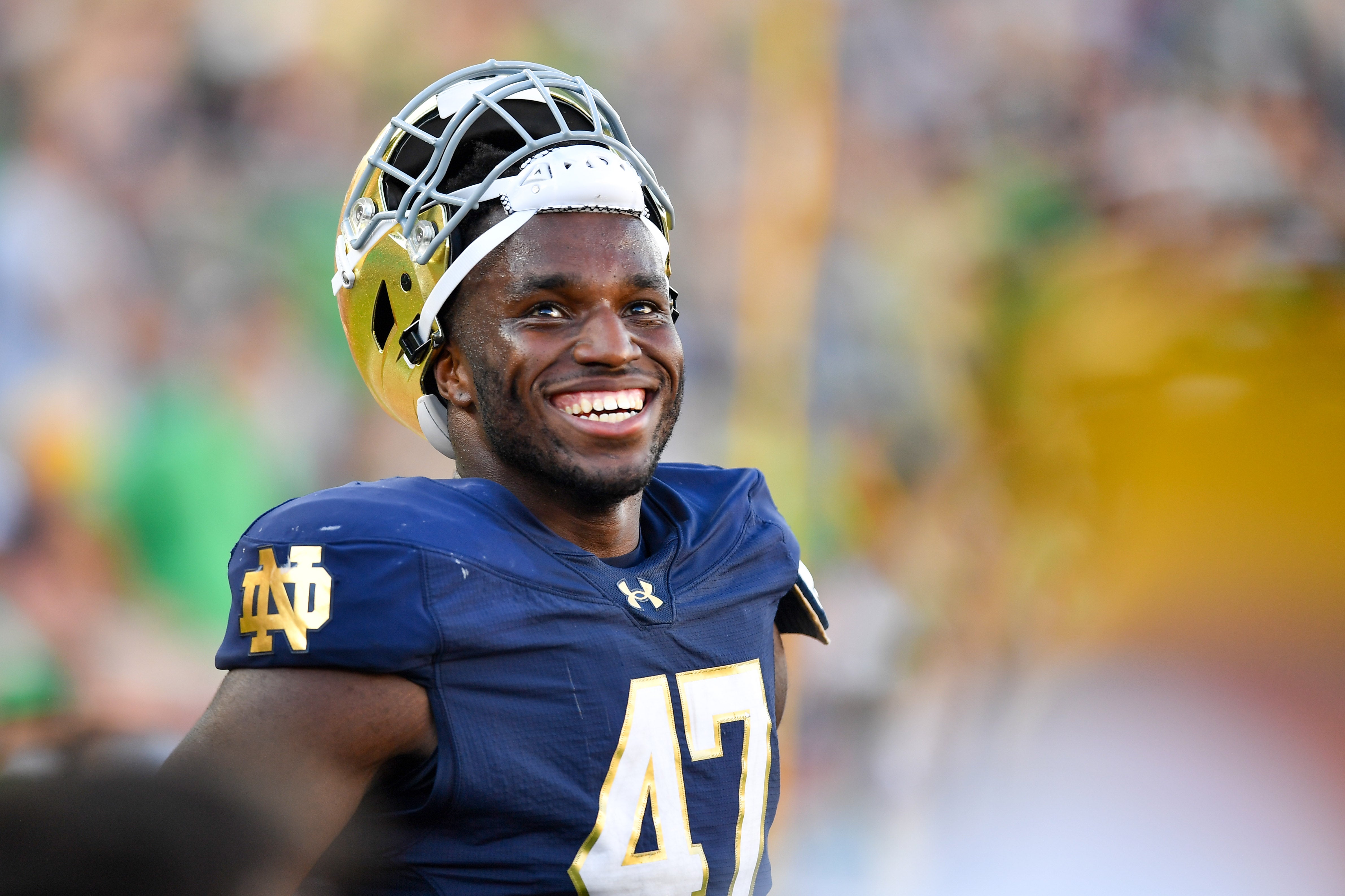 Sep 21, 2024; South Bend, Indiana, USA; Notre Dame Fighting Irish defensive lineman Jason Onye (47) watches in the closing minutes of the game against the Miami Redhawks at Notre Dame Stadium. Mandatory Credit: Matt Cashore-Imagn Images