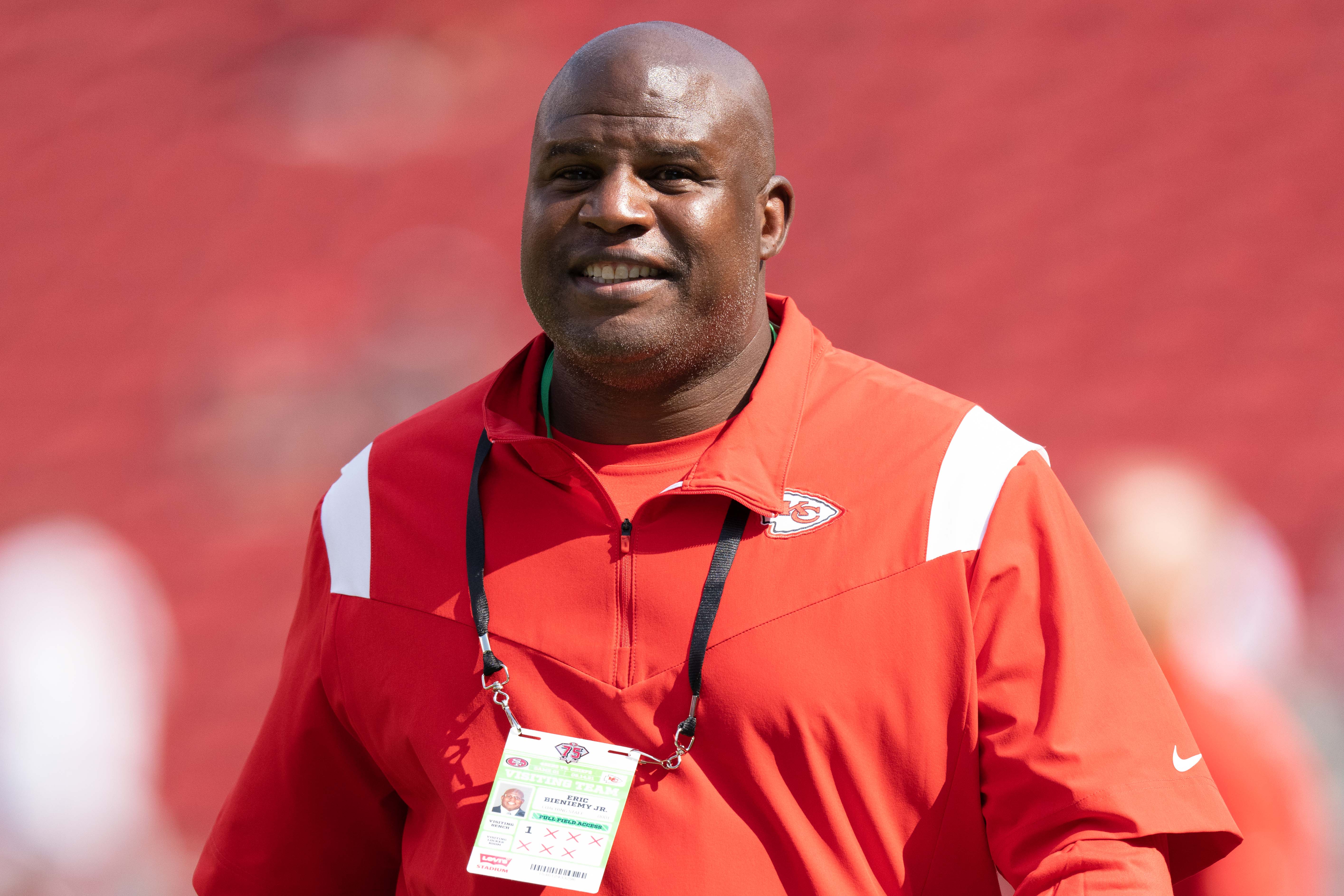 August 14, 2021; Santa Clara, California, USA; Kansas City Chiefs offensive coordinator Eric Bieniemy before the game against the San Francisco 49ers at Levi's Stadium.