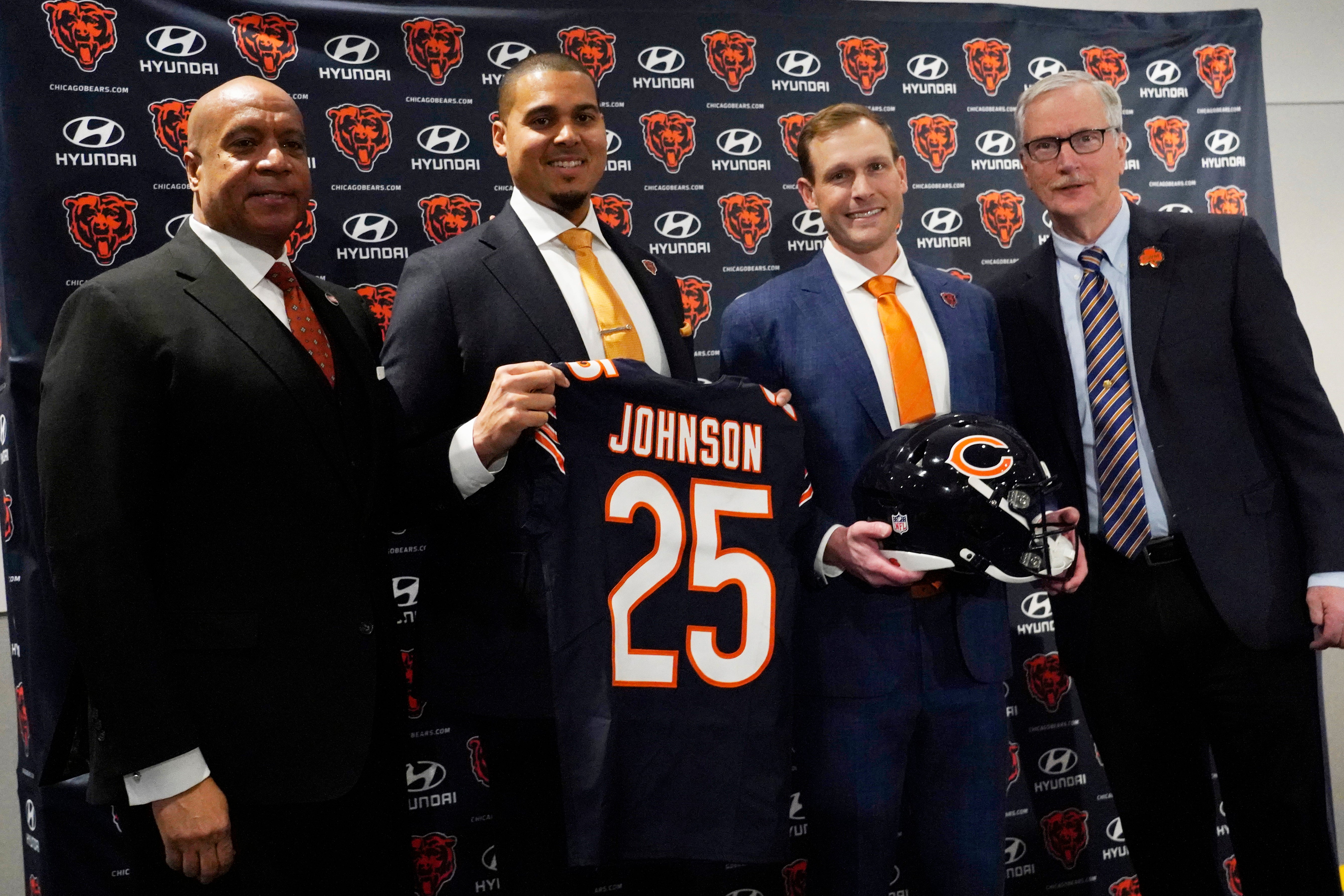 Jan 22, 2025; Lake Forest, IL, USA; Chicago Bears (R-L) President Kevin Warren, general manager Ryan Poles, new head coach Ben Johnson and chairman George McCaskey pose for photos after a press conference introducing Johnson at PNC Center.