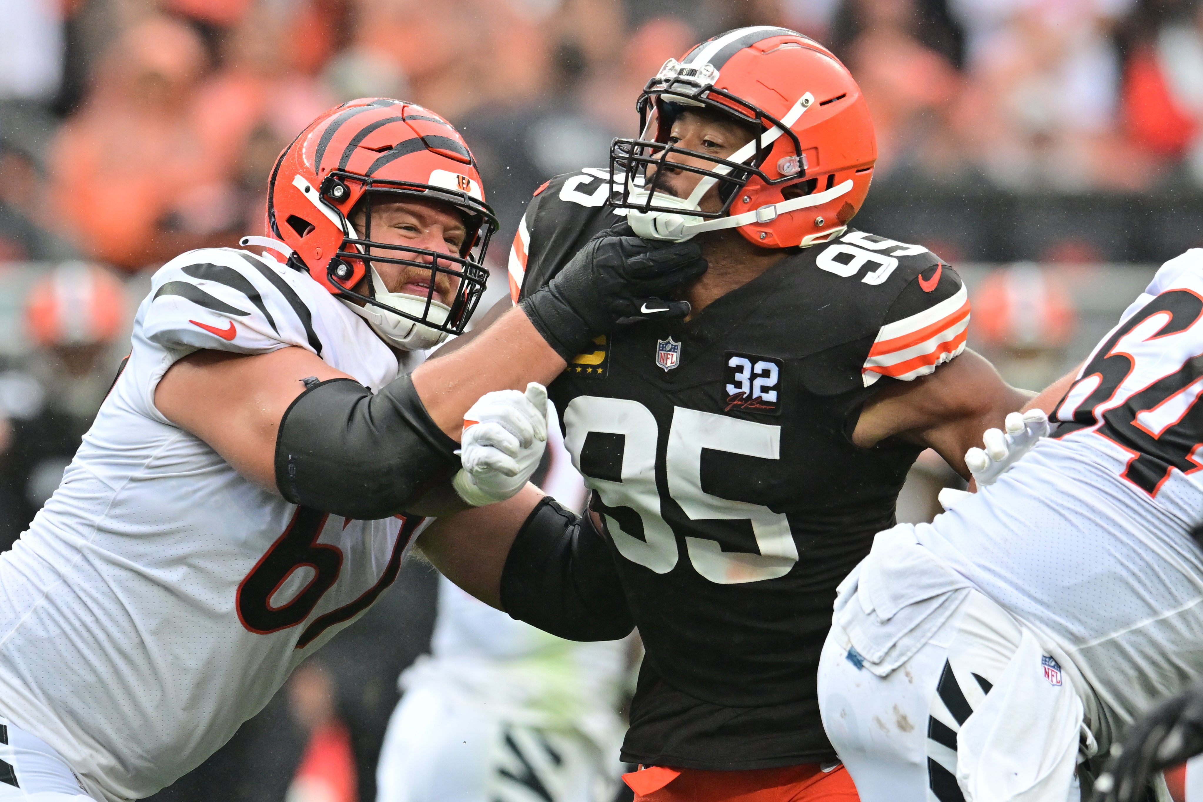 Sep 10, 2023; Cleveland, Ohio, USA;Cincinnati Bengals guard Cordell Volson (67) blocks Cleveland Browns defensive end Myles Garrett (95) during the first half at Cleveland Browns Stadium.