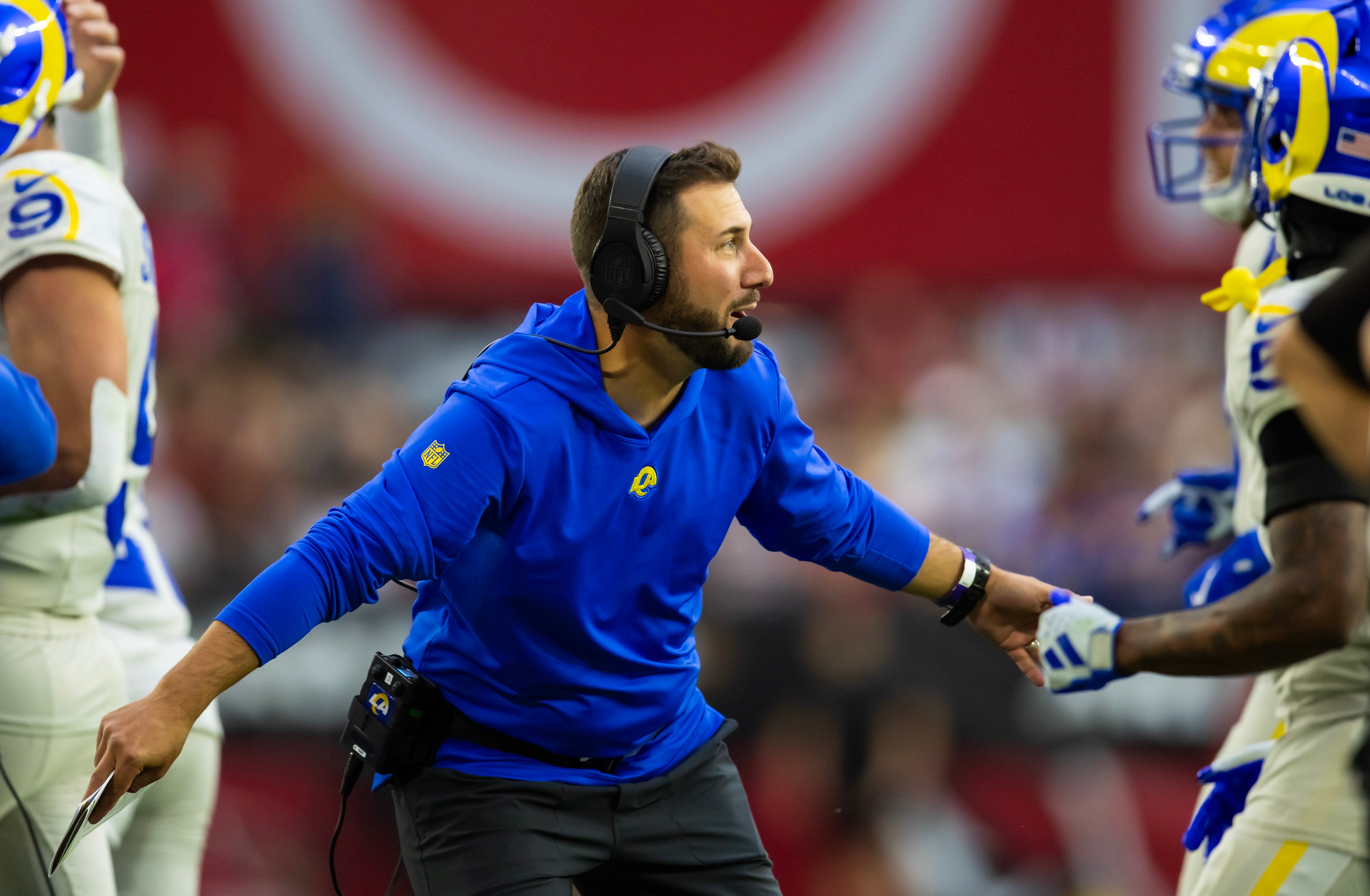 Nov 26, 2023; Glendale, Arizona, USA; Los Angeles Rams tight ends coach Nick Caley against the Arizona Cardinals at State Farm Stadium.