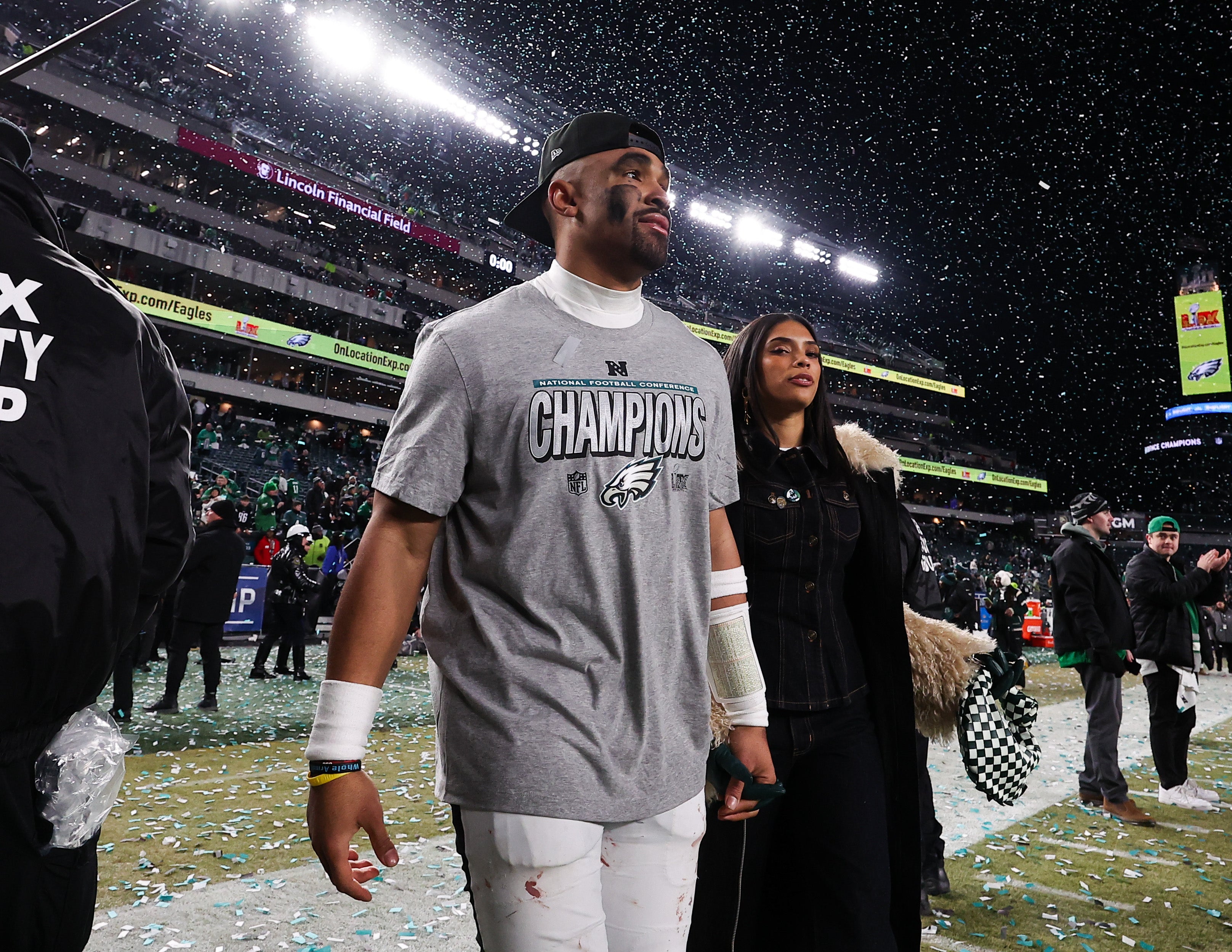 Jan 26, 2025; Philadelphia, PA, USA; Philadelphia Eagles quarterback Jalen Hurts (1) walks off the field after a victory in the NFC Championship game against the Washington Commanders at Lincoln Financial Field.