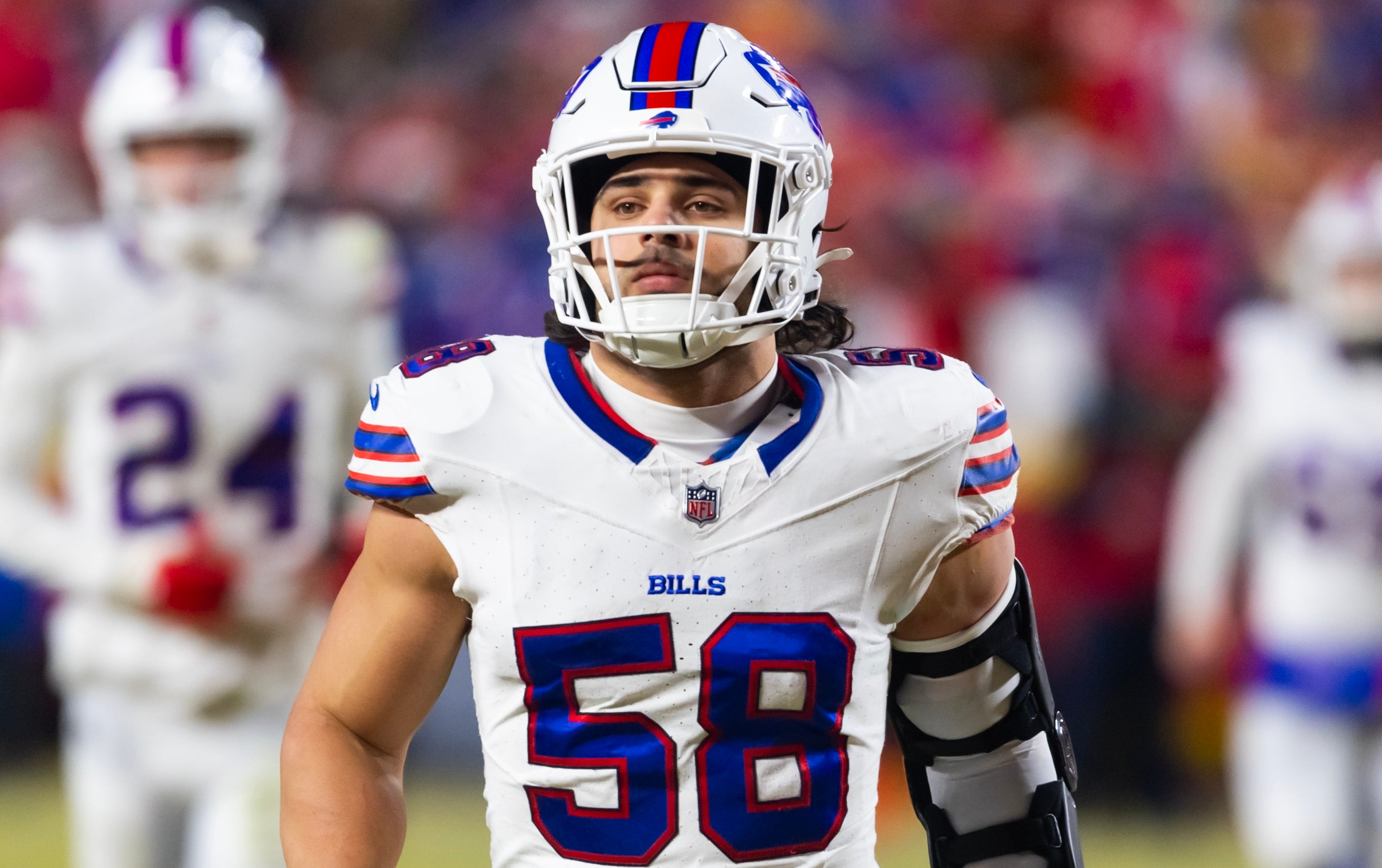 Buffalo Bills linebacker Matt Milano (58) against the Kansas City Chiefs during the AFC Championship game at GEHA Field at Arrowhead Stadium.