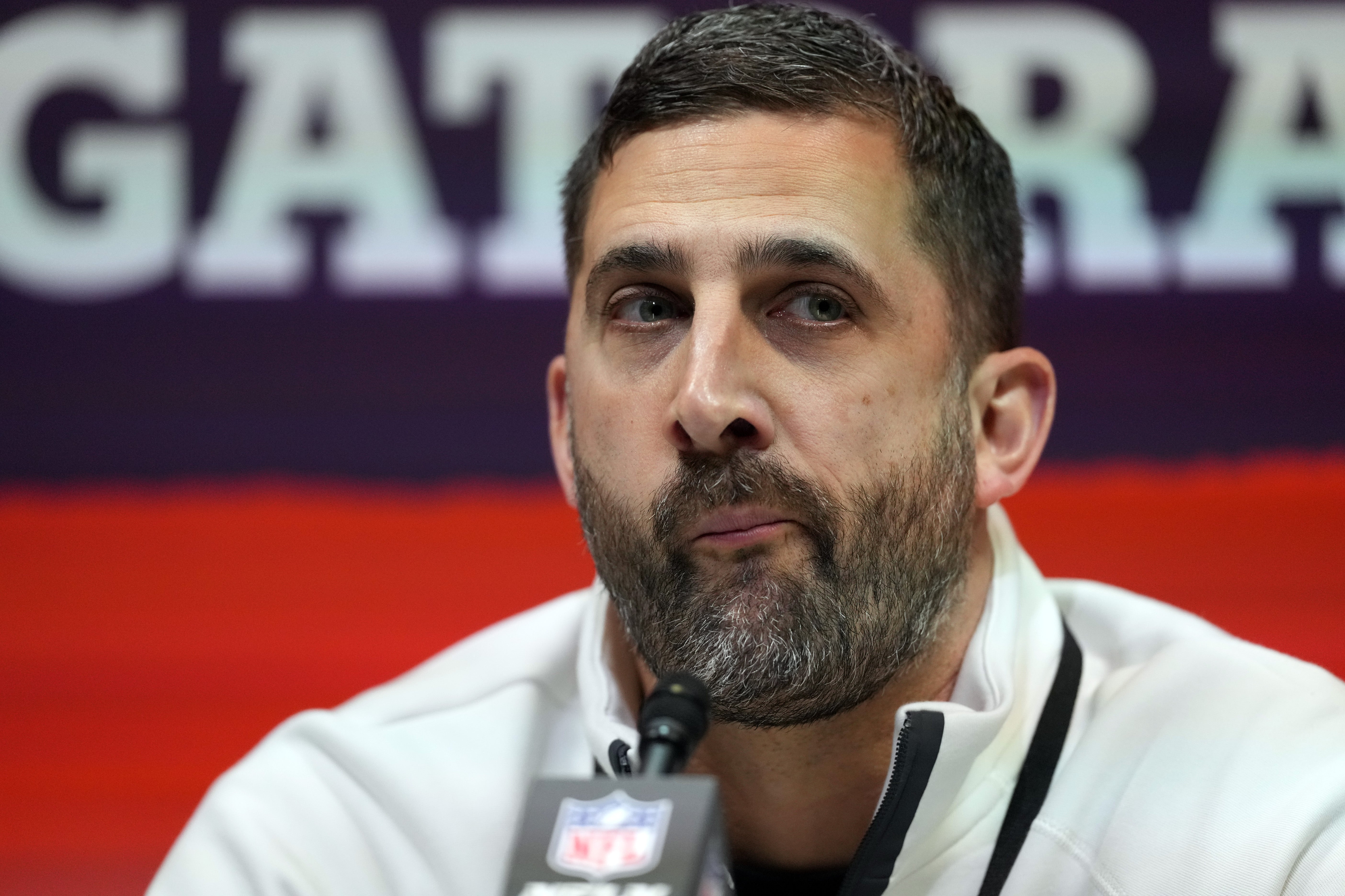 Feb 3, 2025; New Orleans, LA, USA; Philadelphia Eagles head coach Nick Sirianni speaks during Super Bowl LIX Opening Night at Ceasars Superdome.