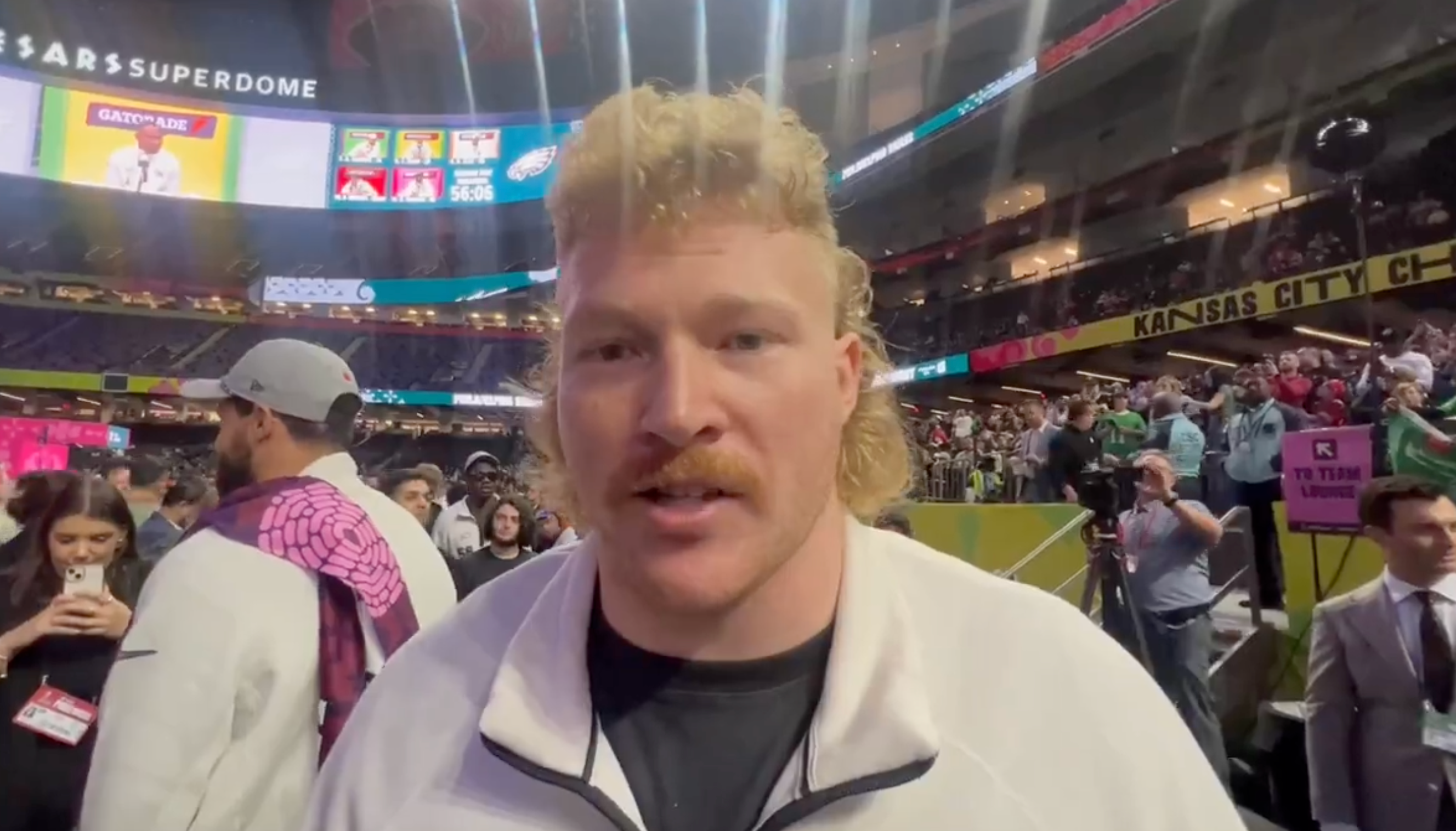 Philadelphia Eagles center Cam Jurgens speaks to media during opening night of Super Bowl LIX
