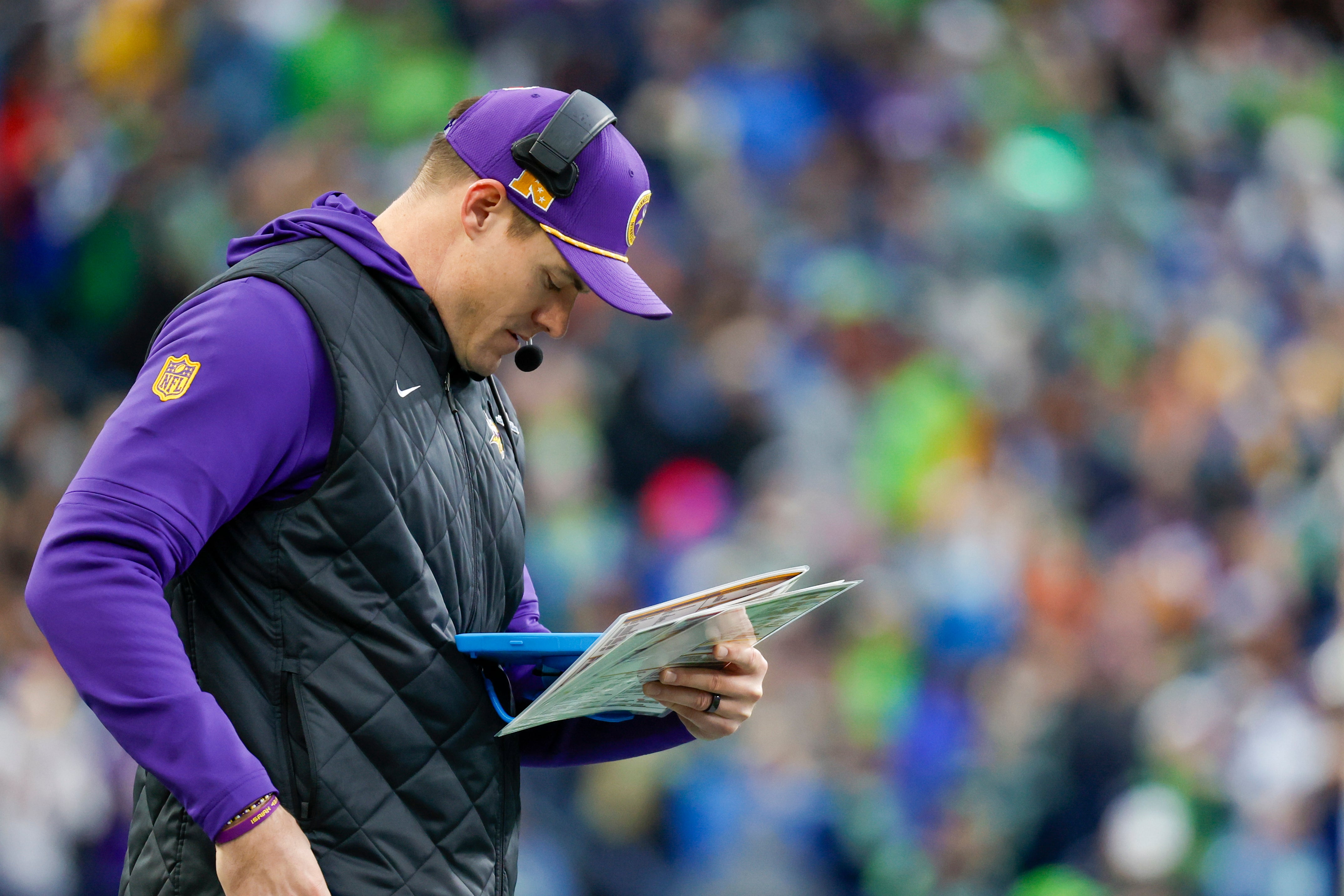 Dec 22, 2024; Seattle, Washington, USA; Minnesota Vikings head coach Kevin O'Connell stands on the sidelines against the Seattle Seahawks during the third quarter against the Seattle Seahawks at Lumen Field.