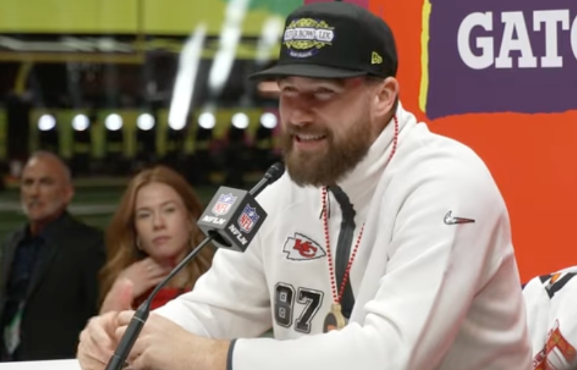 Travis Kelce speaks with the media on Super Bowl LIX opening night.