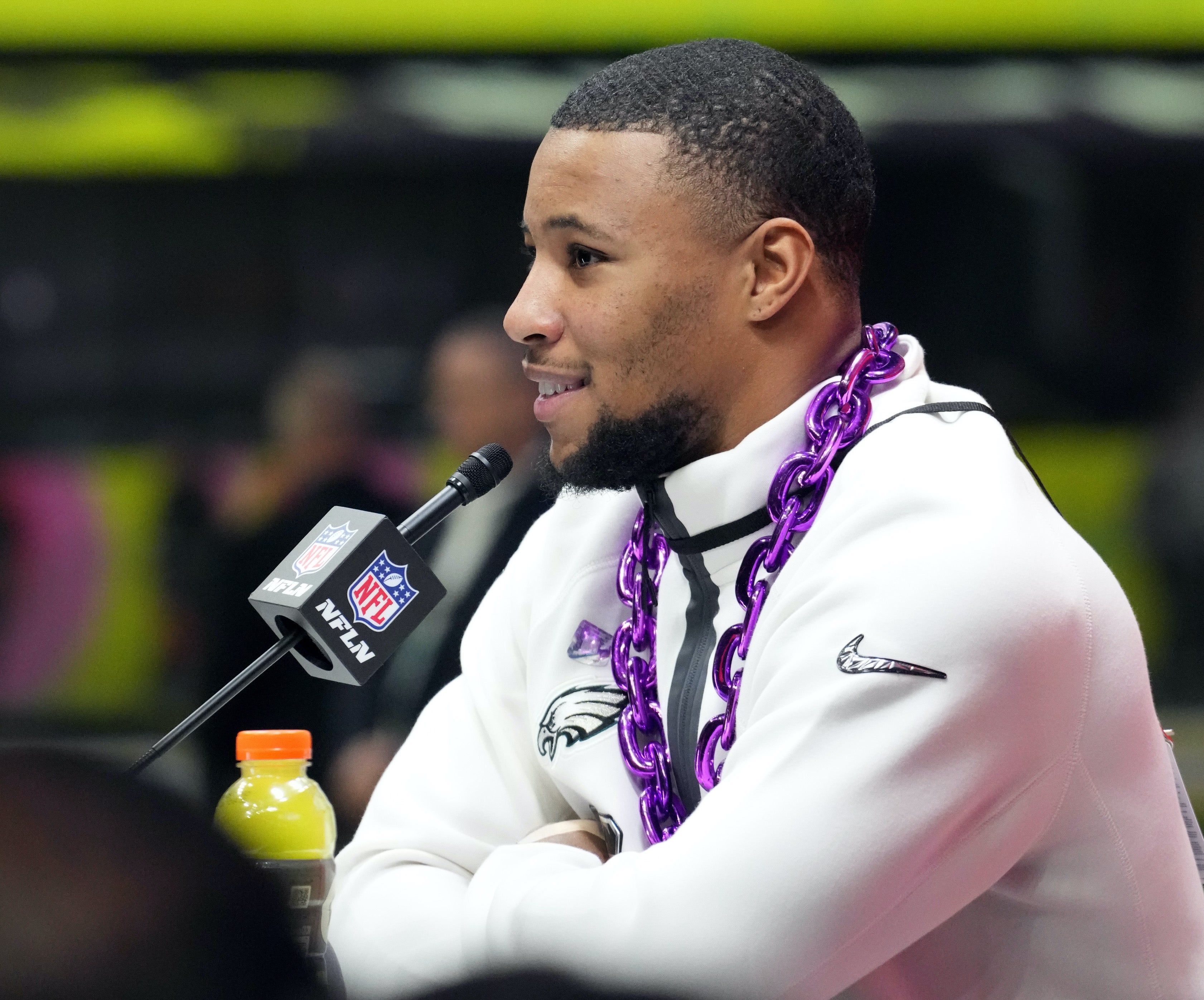 Feb 3, 2025; New Orleans, LA, USA; Philadelphia Eagles running back Saquon Barkley speaks during Super Bowl LIX Opening Night at Ceasars Superdome.