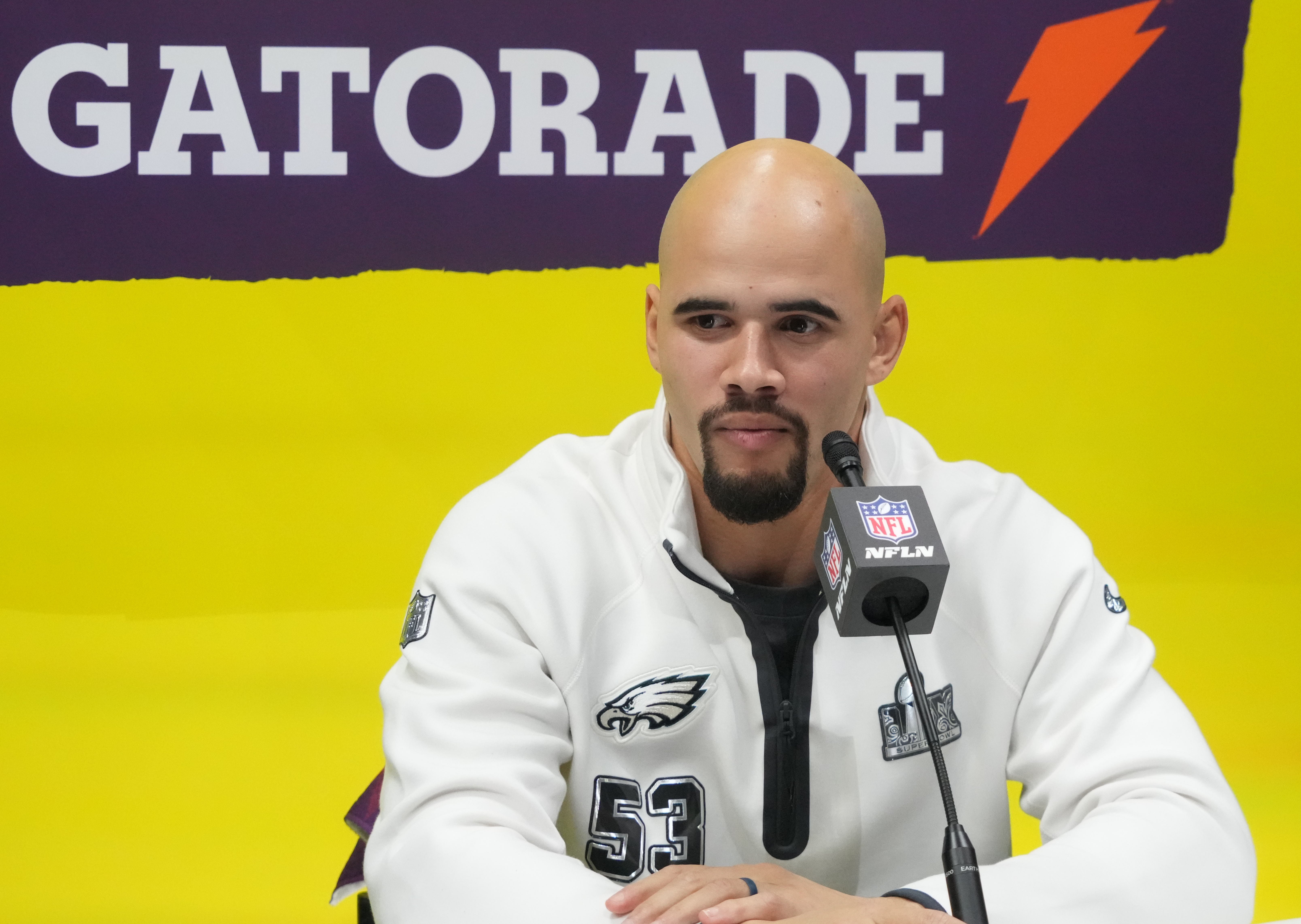 Feb 3, 2025; New Orleans, LA, USA; Philadelphia Eagles linebacker Zack Baun (53) during Super Bowl LIX Opening Night at Ceasars Superdome.