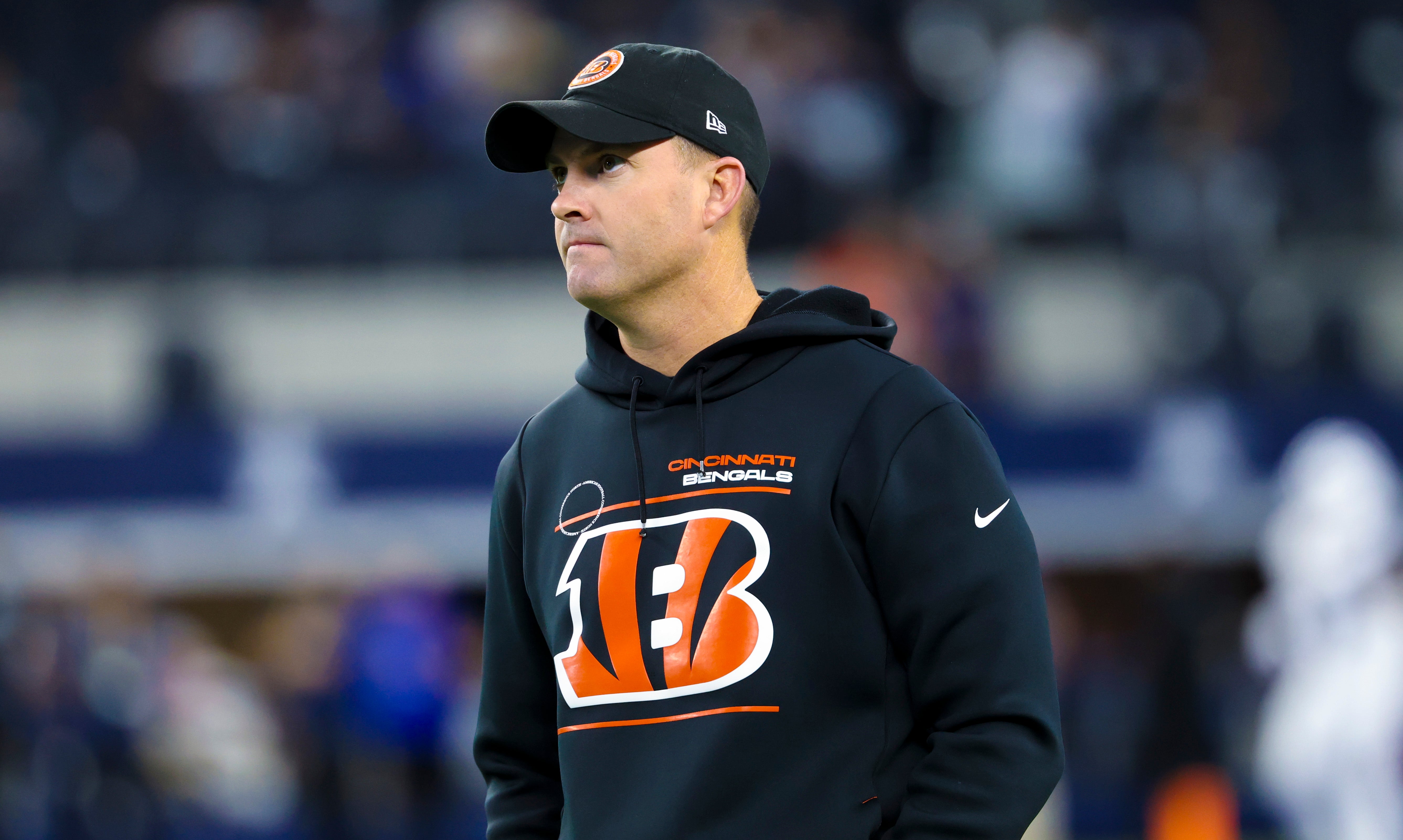 Dec 9, 2024; Arlington, Texas, USA; Cincinnati Bengals head coach Zac Taylor looks on before the game against the Dallas Cowboys at AT&T Stadium.
