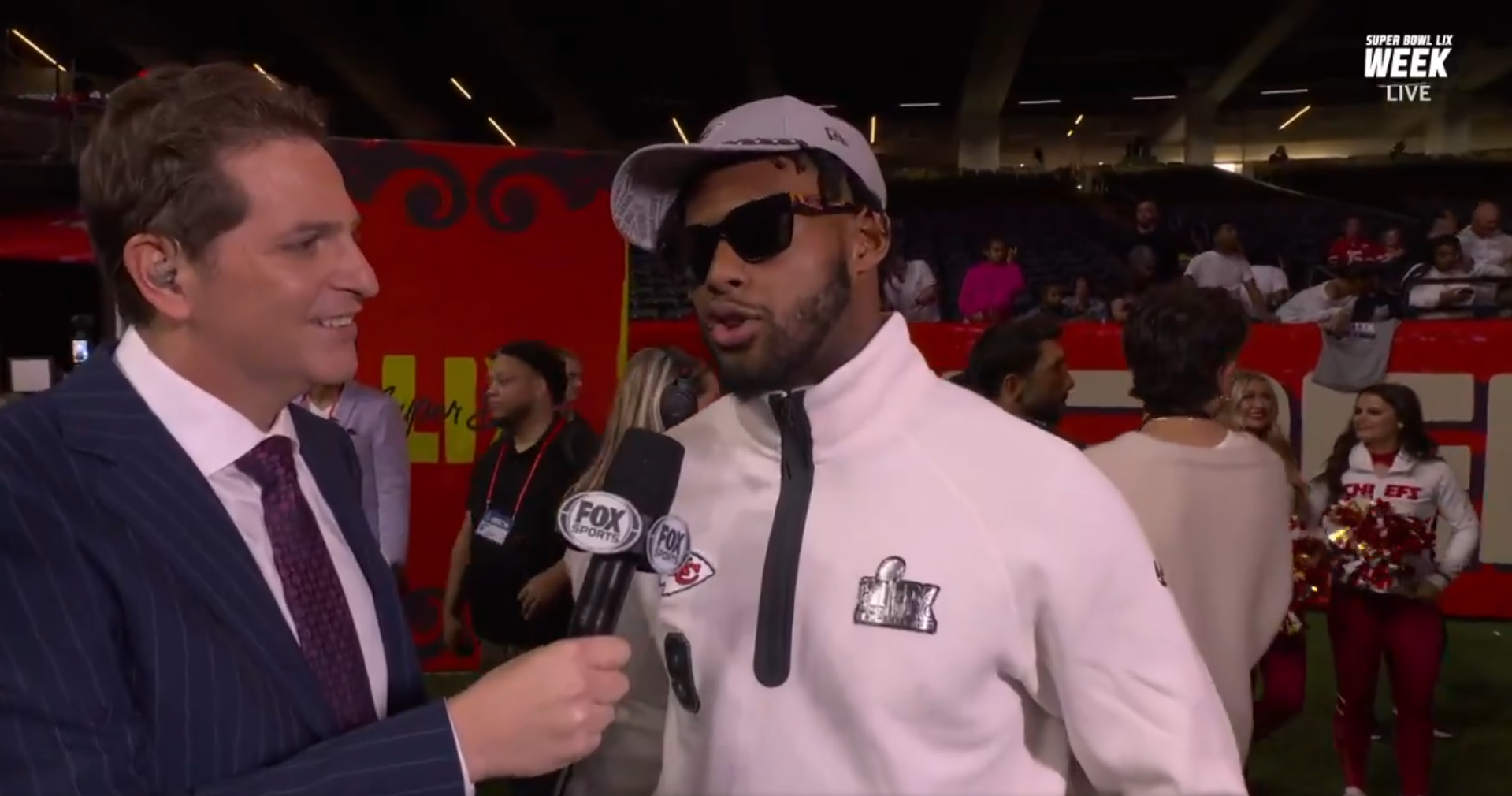 Chiefs WR JuJu Smith-Schuster interviewed by Peter Schrager during Super Bowl LIX Opening Night.