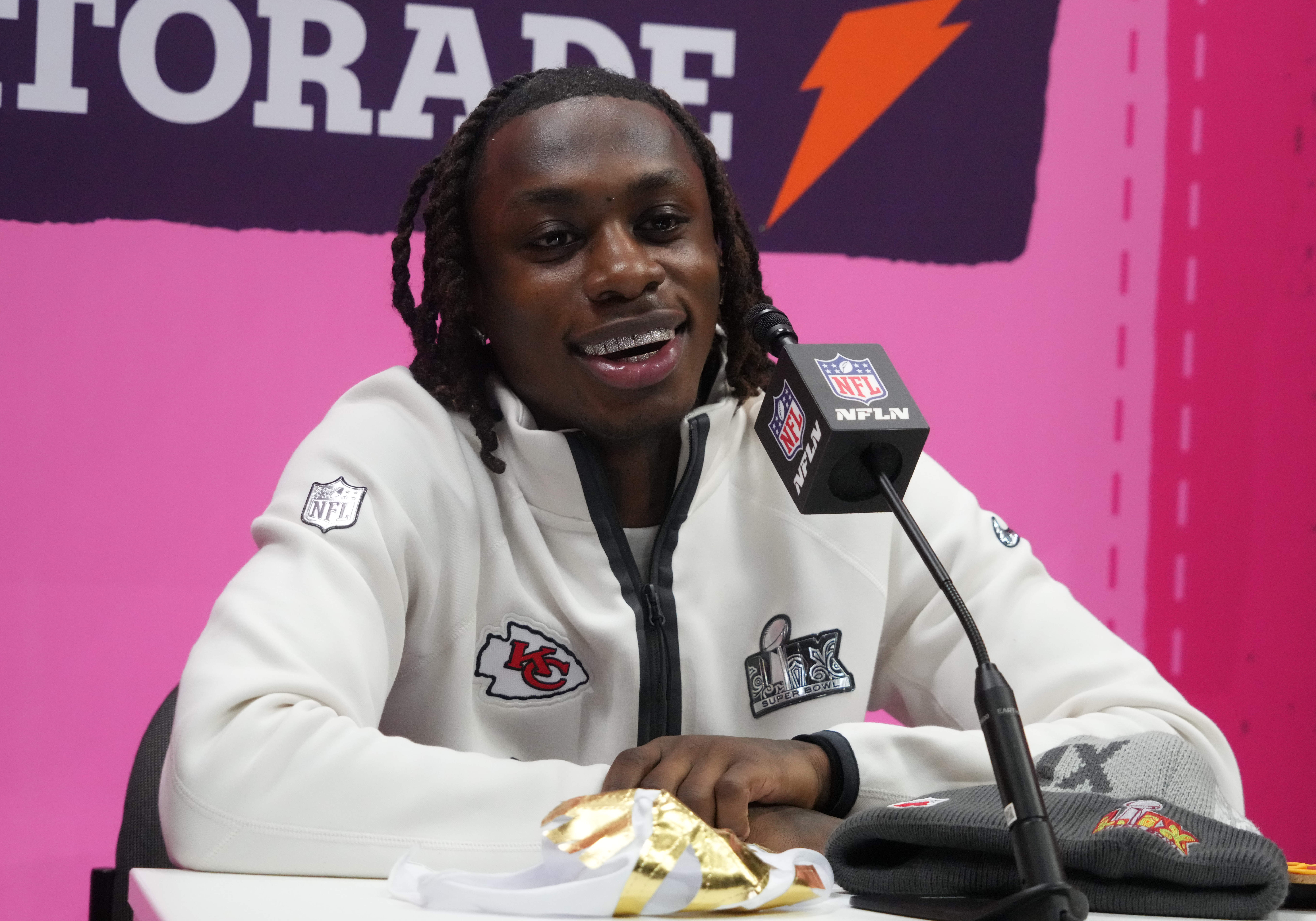 Feb 3, 2025; New Orleans, LA, USA; Kansas City Chiefs wide receiver Xavier Worthy (1) during Super Bowl LIX Opening Night at Ceasars Superdome.